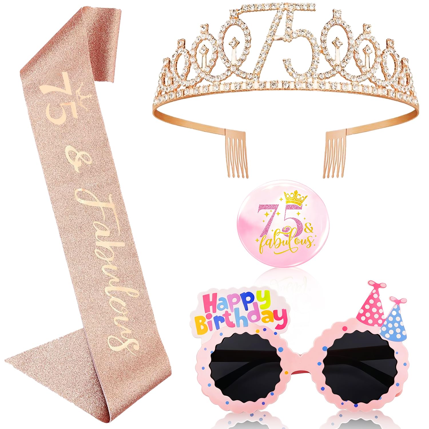 OLOSONG 75th Birthday Party Accessories Set - 4 Pcs Rose Gold Birthday Crown & Badge, Heart Shaped Pink Diamond Glasses, 75th Birthday Decorations Gifts for Women