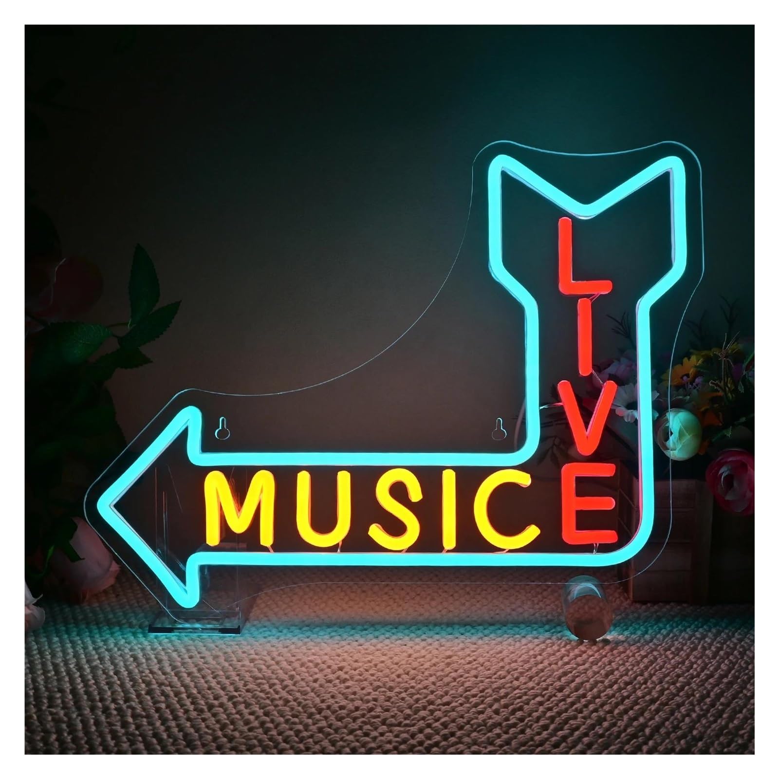 Hängende Kunst-Leuchtreklamen Live-Musik Neon Zeichen Pfeil Richtung Lichter Zimmer Dekoration Für Musik Bar Club Party 41x29cm