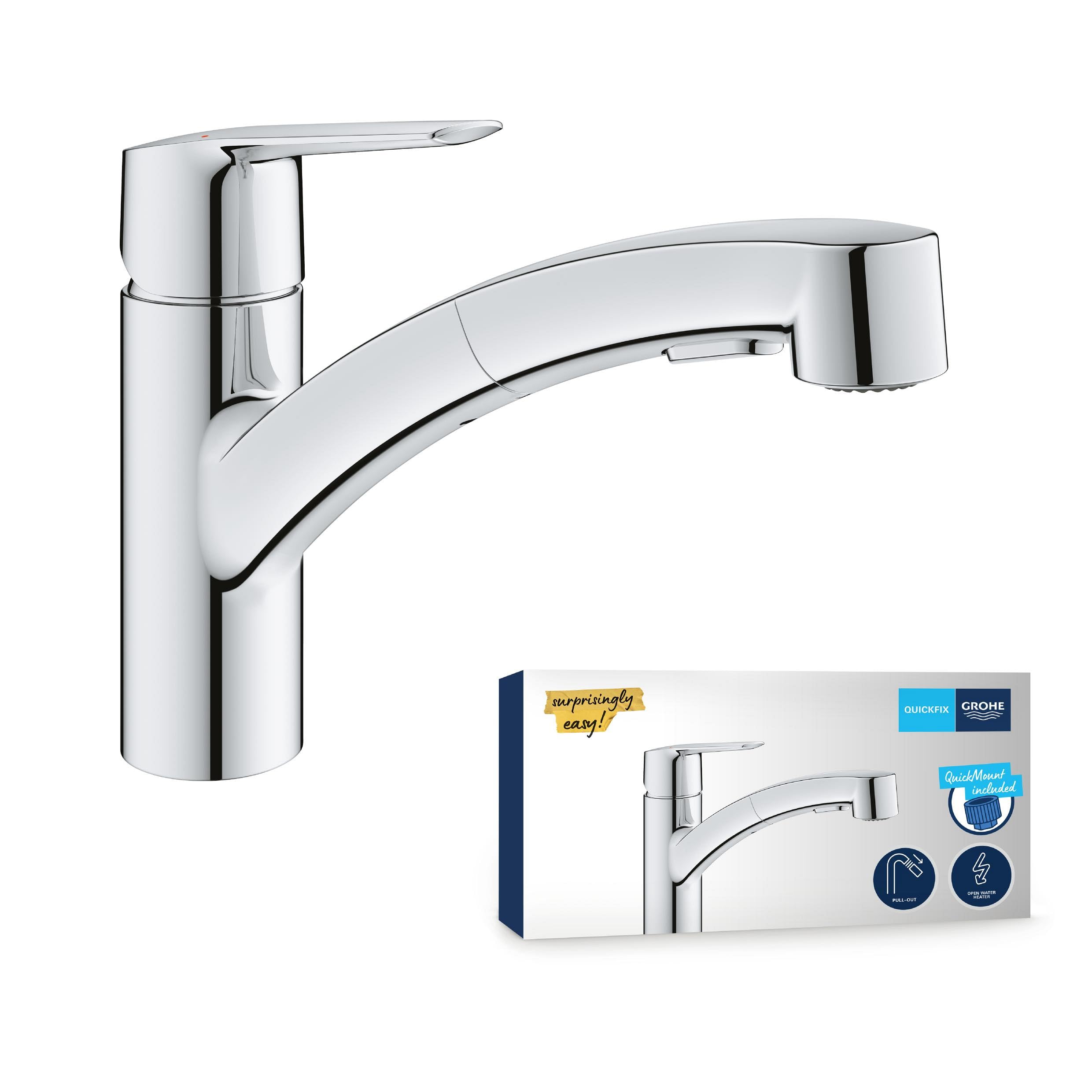 GROHE Start, Niederdruck Küchenarmatur 2 Strahlarten (Wasserhahn Küche für offene Warmwasserbereiter, herausziehbare Brause, 90° schwenkbar, wassersparend, werkzeugfreie Montage), chrom, 1012400000
