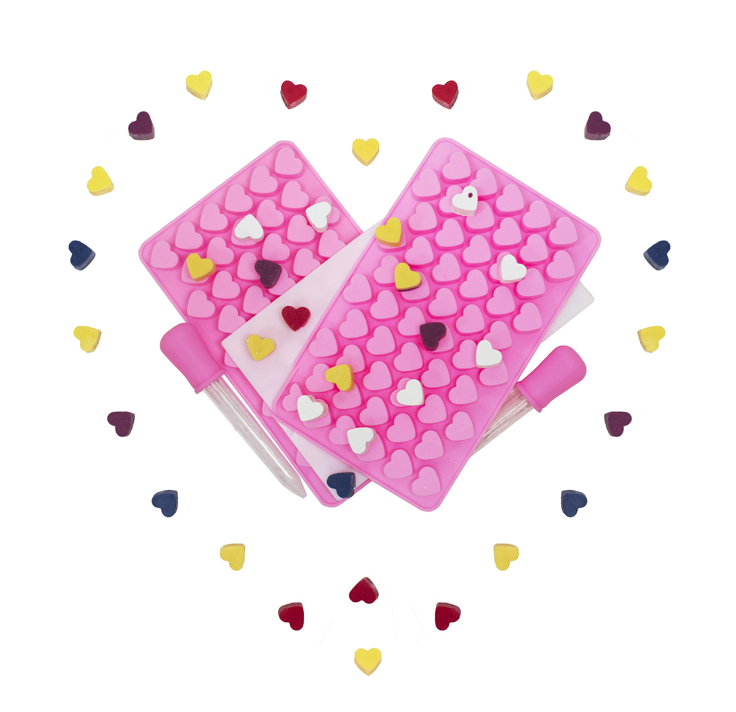 Cherion 2-Pack Silicone Mini Heart Shape Ice Cube Candy Ice Cube/Chocolate Mold Pink with 1-Pad and 2-Dropper