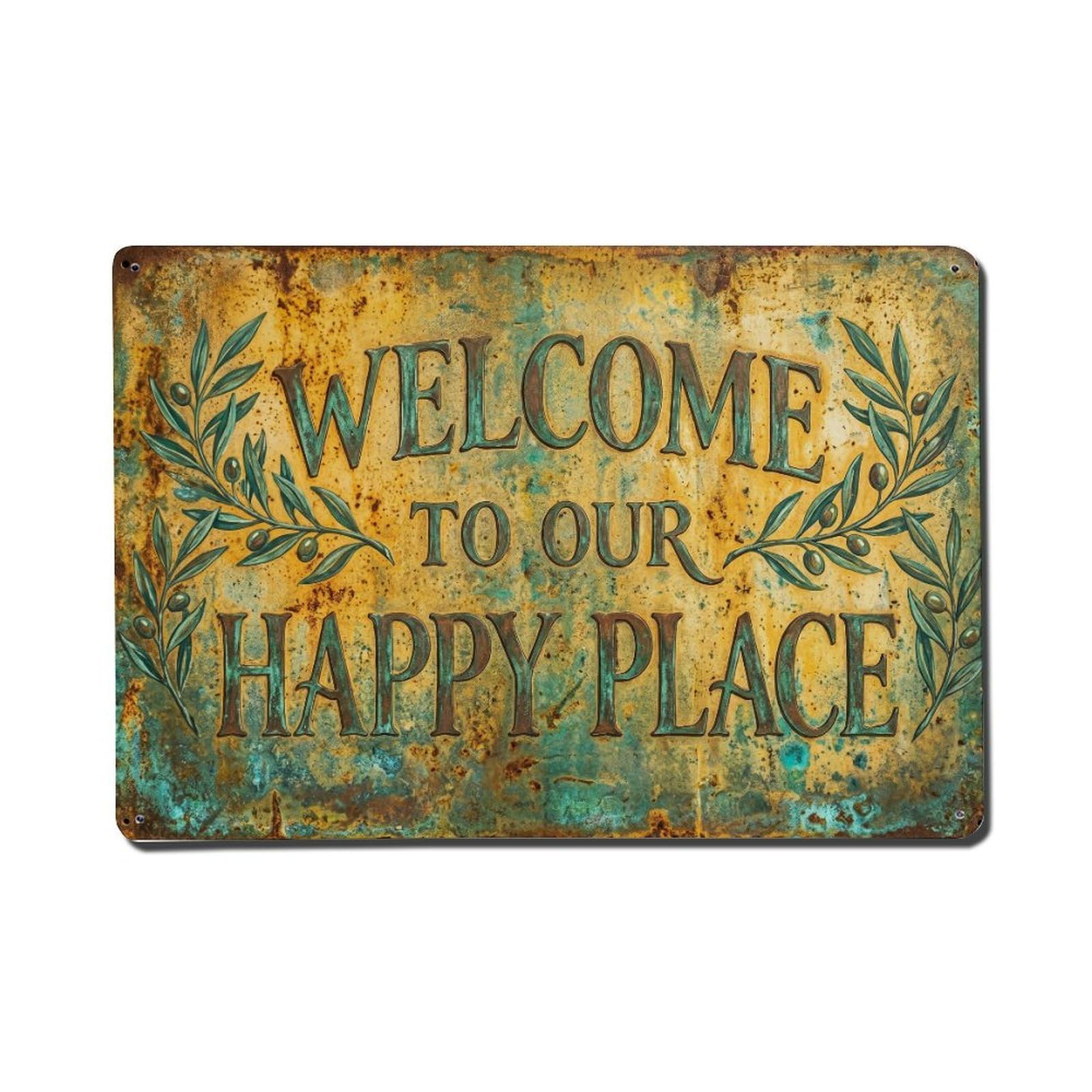 Welcome To Our Happy Place Mediterranean Terrace Metal Tin Sign Plaque Wall Decor for Cafe, Club Bar, Office, Home Garden Metal Poster 8x12Inch