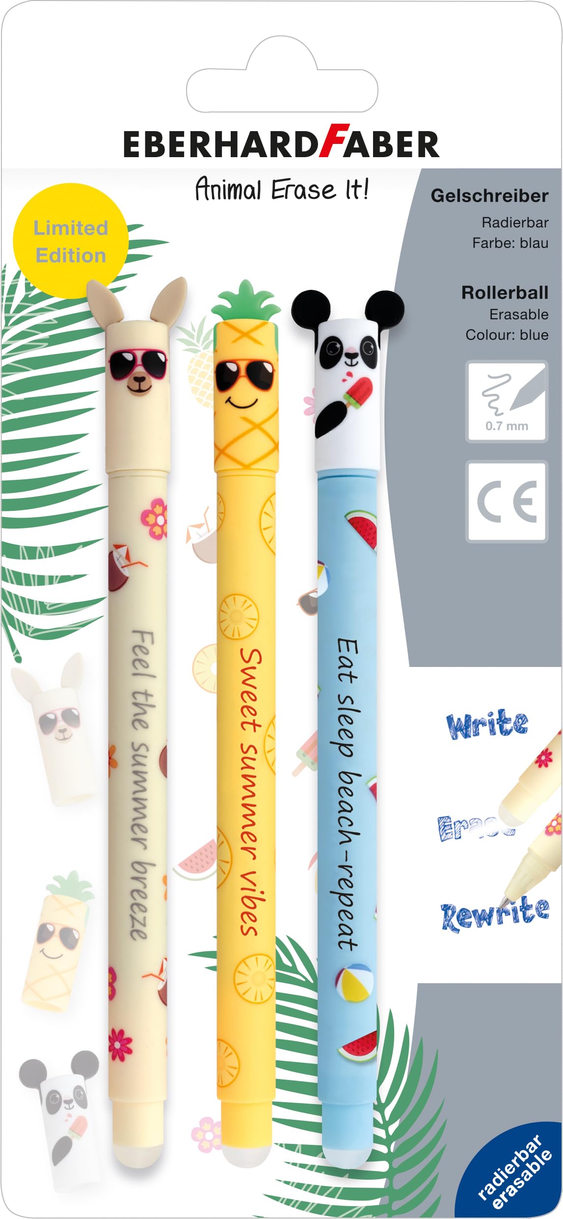 Eberhard Faber 582184 - Erasable rollerball pen, 3 Animal Erase it summer patterns, blue gel pen 0.7 mm