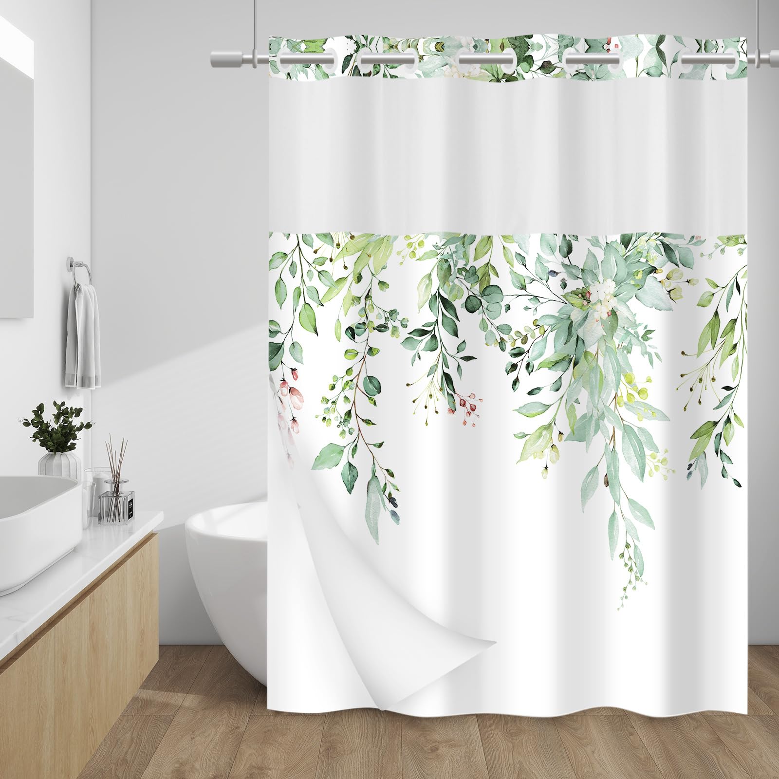 WITHLOC No Hook Shower Curtain with Snap in Liner - Eucalyptus Shower Curtain - Washable Waterproof Inner Liner, Plants Sage Green Leaves Modern