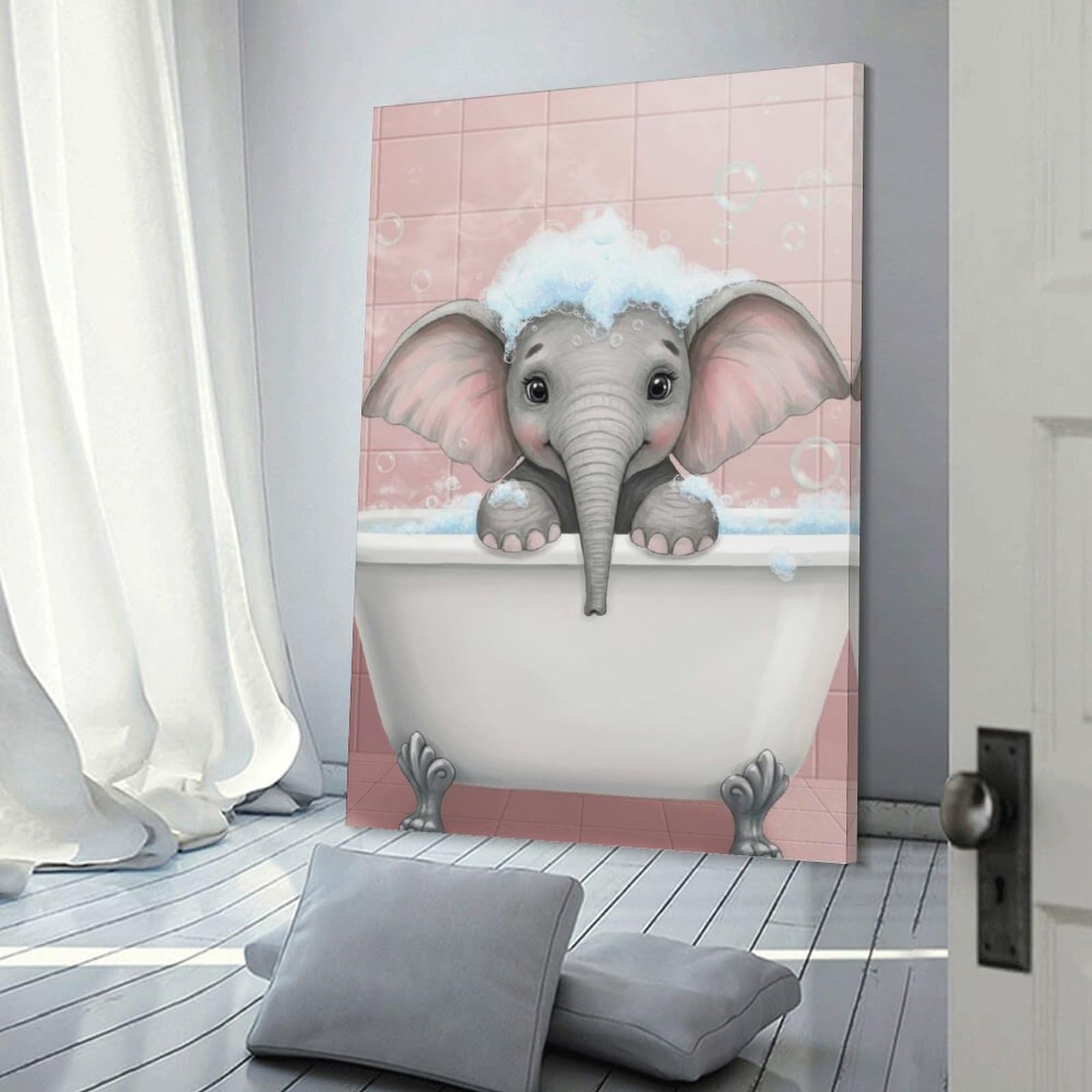 Junmoney Frame-Style-11 Canvas Wall Decor Cute Elephant In Bathtub Illustration, 24X36inch(60X90cm), For Home Lounge, Bedroom Or Reading Nook, Eye Catching Artwork For Blank Walls