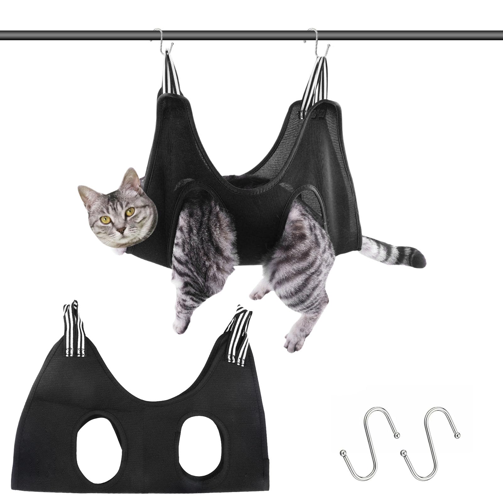 Pet Grooming Hammock Dog Cat Grooming Harness for Small Medium Dogs Cats Nail Cutting Trimming Bathing Claw Care Ears Care Washing Breathable Mesh Sling Helper with Reinforced Hooks (Black)