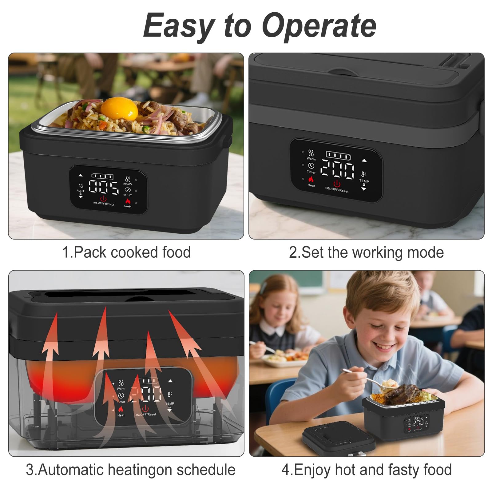1L Elektrische Lunchbox mit Akku, Tragbare Elektrische Lunchbox mit Einstellbarer und TimerHeizfunktion, Beheizbare Brotdose mit Isoliertasche, Gabel & Löffel für Arbeit Reisen Unterwegs