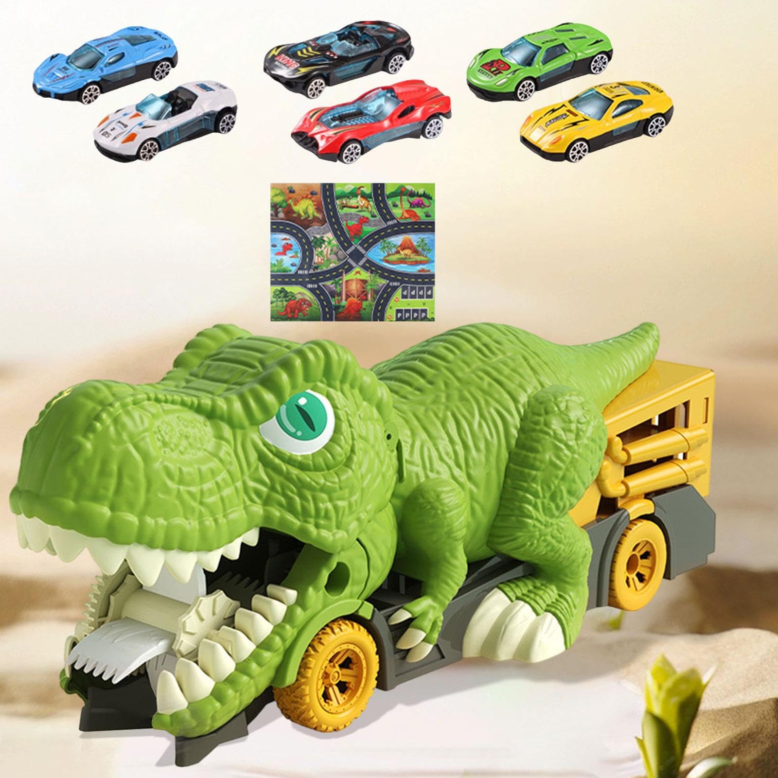 Set di Gioco con Camion Dei Dinosauri E in Miniatura per Feste di Compleanno per Bambini, 6 piccole auto e mappa, Taglia unica