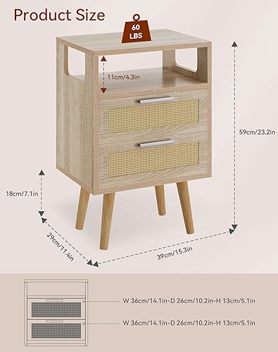 Miniatura 3 de YMYNY Mesita de noche con 2 cajones, mesa auxiliar bohemia, ratán decorado a mano, estante abierto con diseño arqueado, patas de madera maciza,