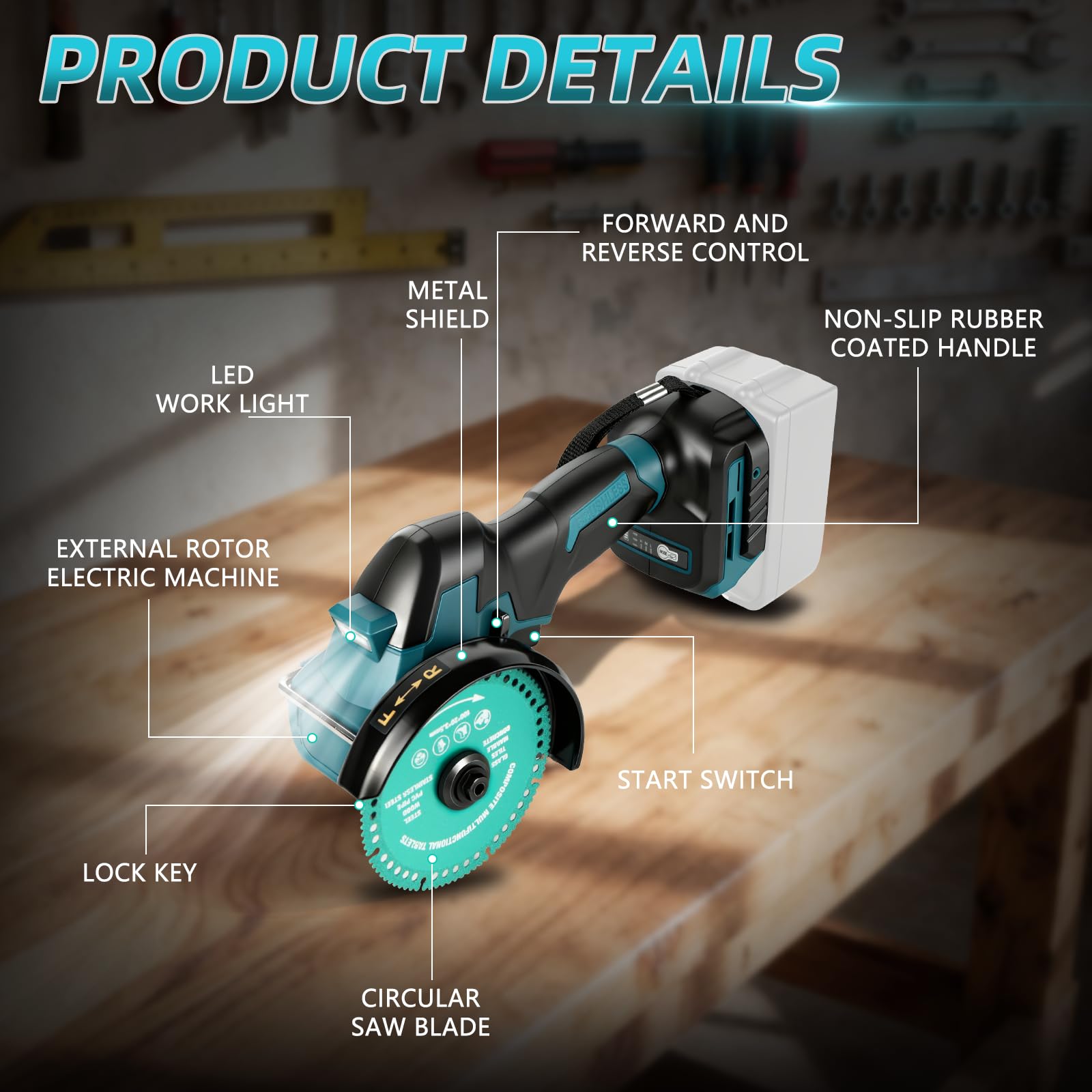 Sega circolare a batteria da 4 pollici, compatibile con batteria Makita da 18 V (senza batteria), mini sega circolare brushless da 18.000 giri/min, 2 lame, 3 livelli di velocità e luce LED per legno