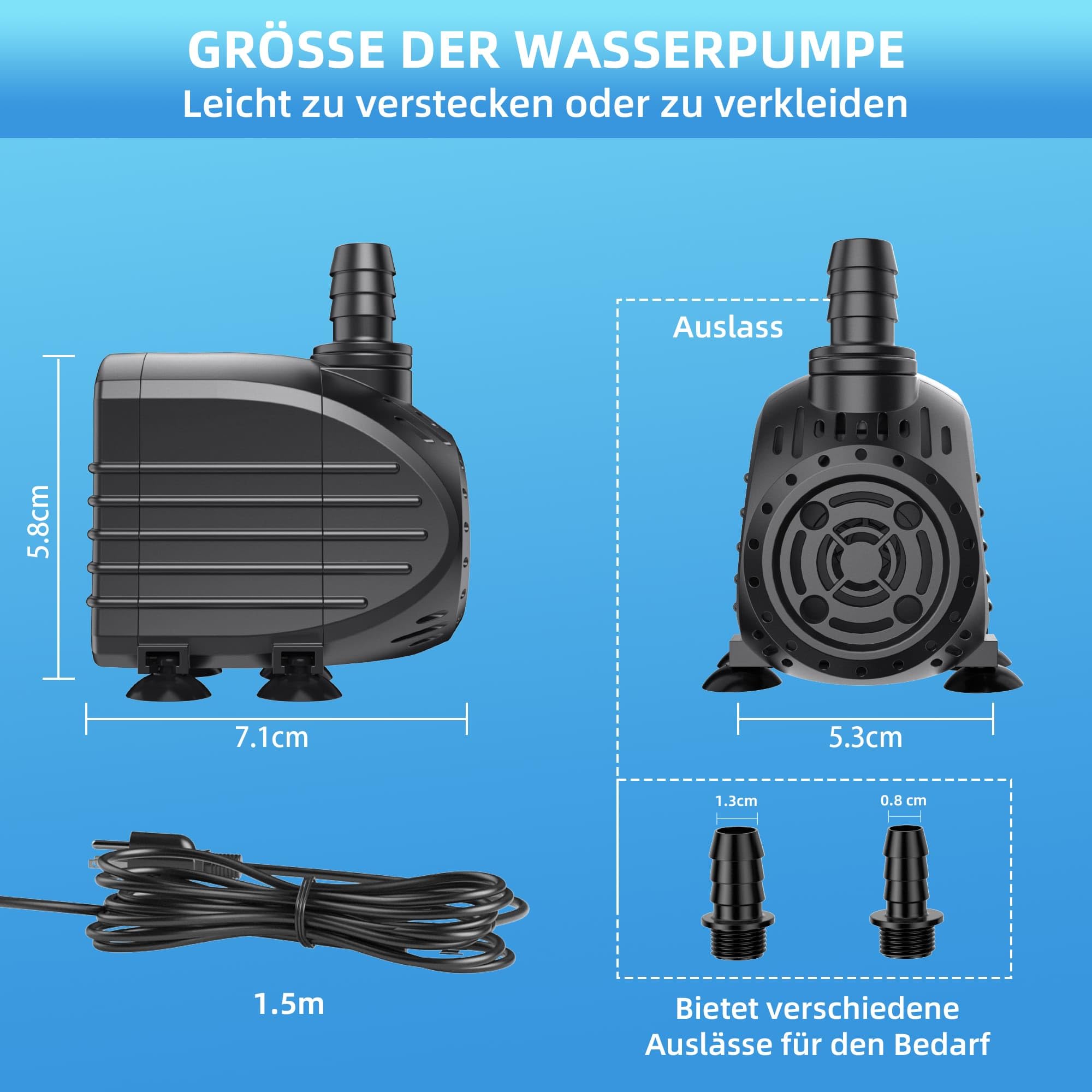 Pompe Bassin Biling 450L/H Mini Compacte - Filtre Intégré Protection Anti-Brûlure à Sec et 3 Adaptateurs- Ultra-Silencieuse - Pour Fontaine, Aquarium, Jeux d'Eau - Domestique