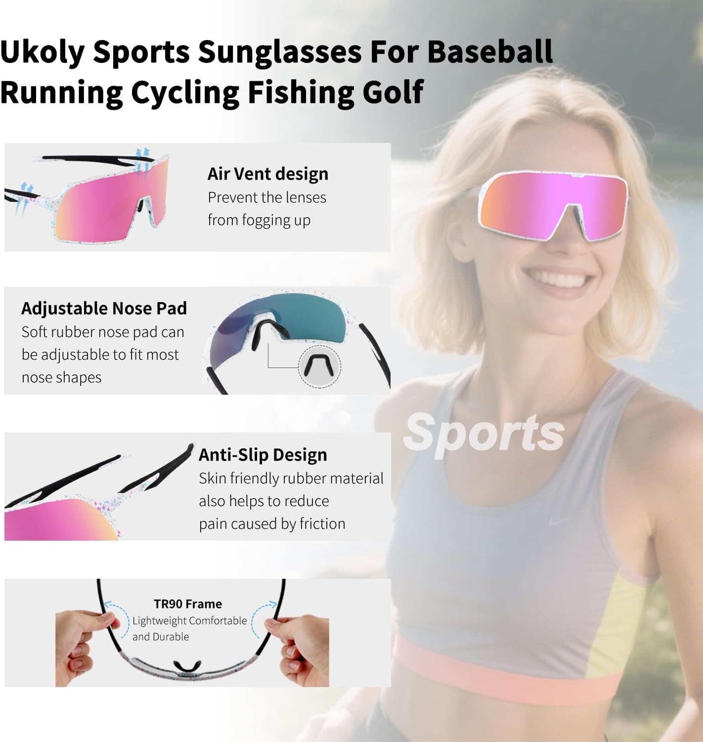 Ukoly Cycling Glasses Running Baseball Fishing Golf Sunglasses For Men Women,Sports Sunglasses HD Lens UV400coating 650 - Image 6