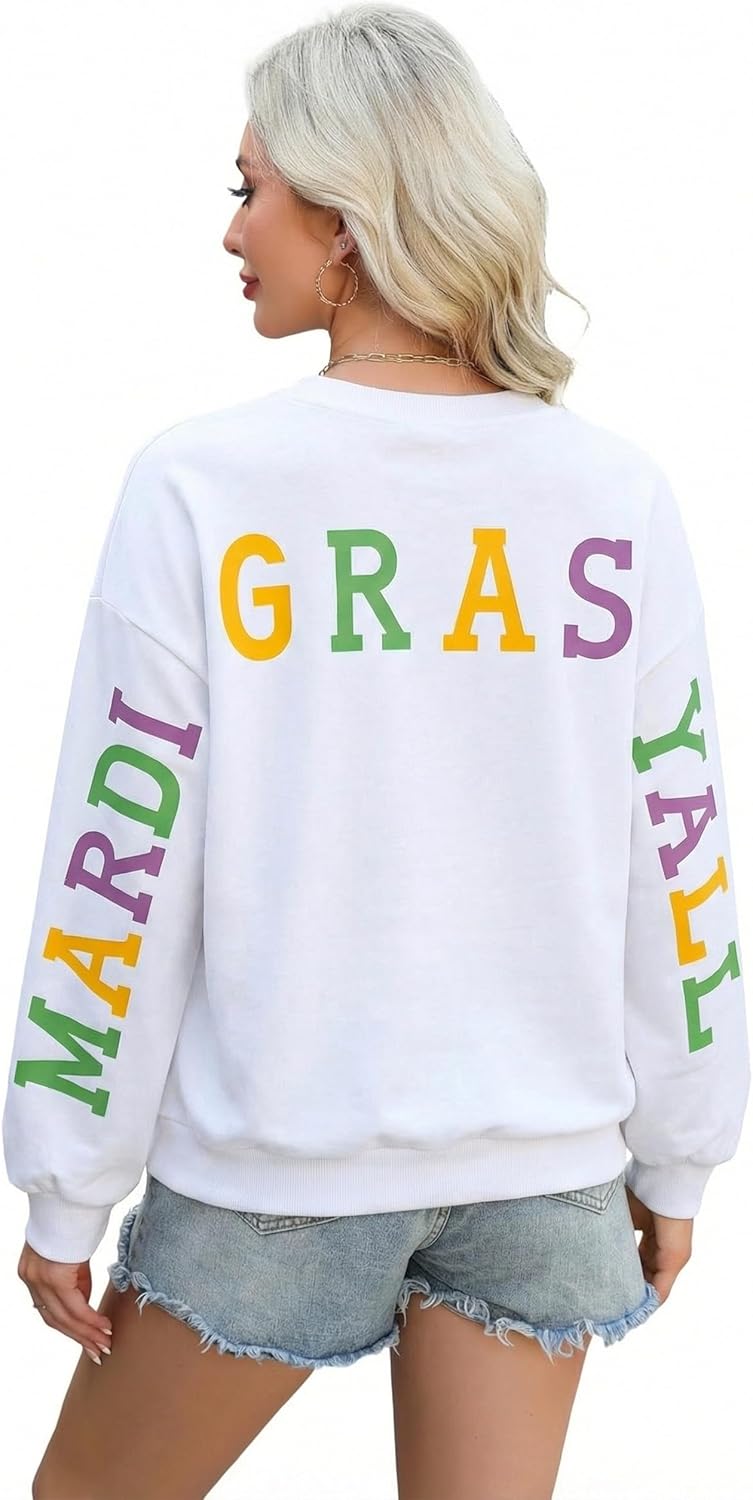 LUKYCILD Mardi Gras Sweatshirt for Women: Mardi Gras Yall Letter Print Sweatshirts New Orleans Outfits Holiday Tee Tops