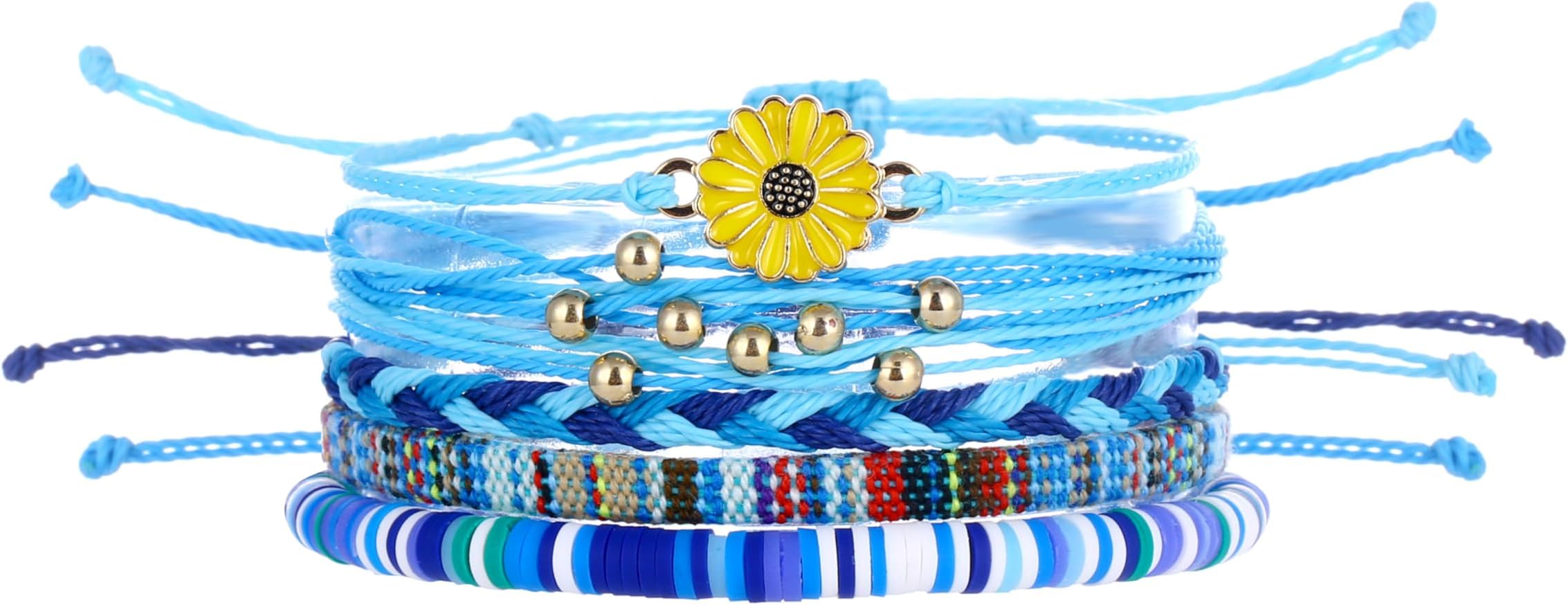 5Pcs Bohemia Sunflower String Bracelets Anklets Handmade Adjustable Braided Waterproof Sunflower Charms Beaded Bracelets Friendship Rope Bracelets for Women Men Summer Surfer Jewelry Gifts