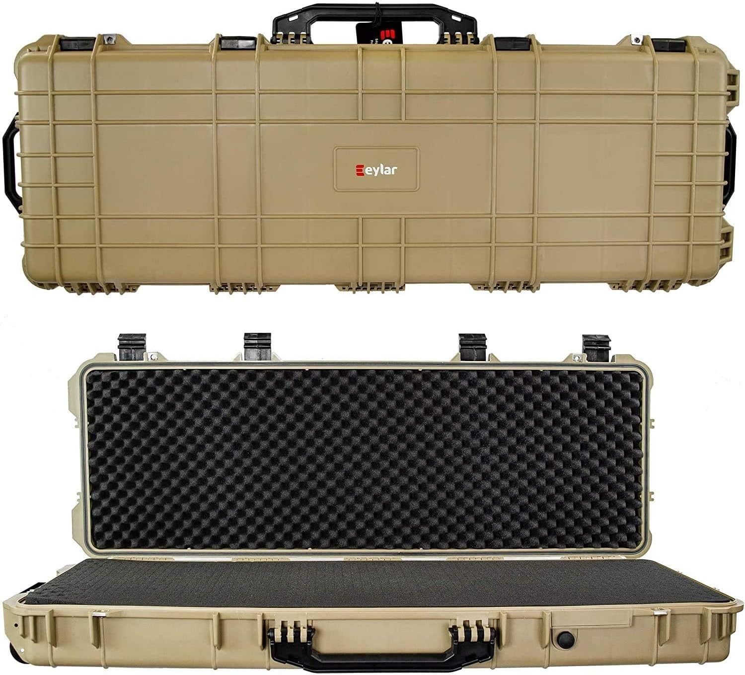 Eylar 44 Inch Protective Roller Rifle Hard Case With Foam, Waterproof & Crushproof, Two Rifles Or Multiple Guns, Pressure Valve With Lockable Fittings Tan