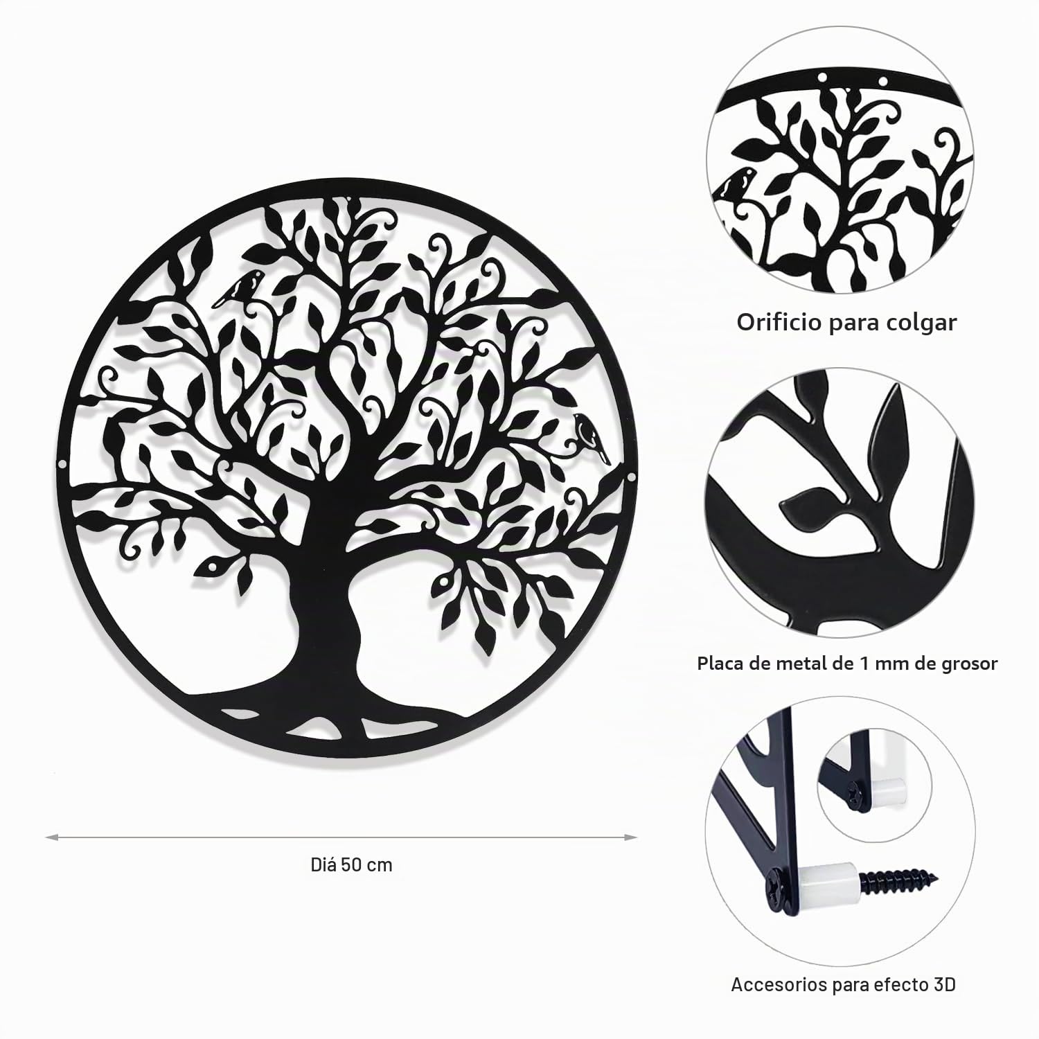 Huspox Árbol de la vida de metal, decoración de pared, arte de pared de metal negro, para salón, pasillo, escaleras, exterior (50 cm)
