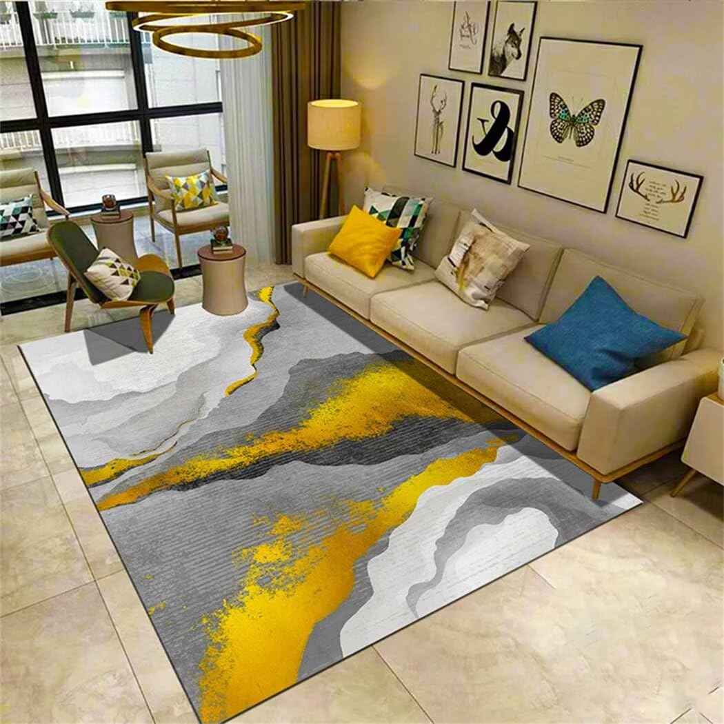 Tapis de chambre gris-jaune 80x120cm au design moderne de lignes épaisses lavable