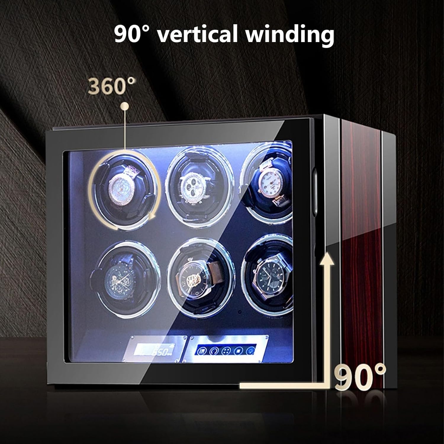 Automatic Watch Winder with Led Light Watch Winding Box with Retractable Pillow and Japanese Quiet Motor Open Lid Design Easy Access Ac Adapter Or Battery Powered,Ebony Grain-2+0