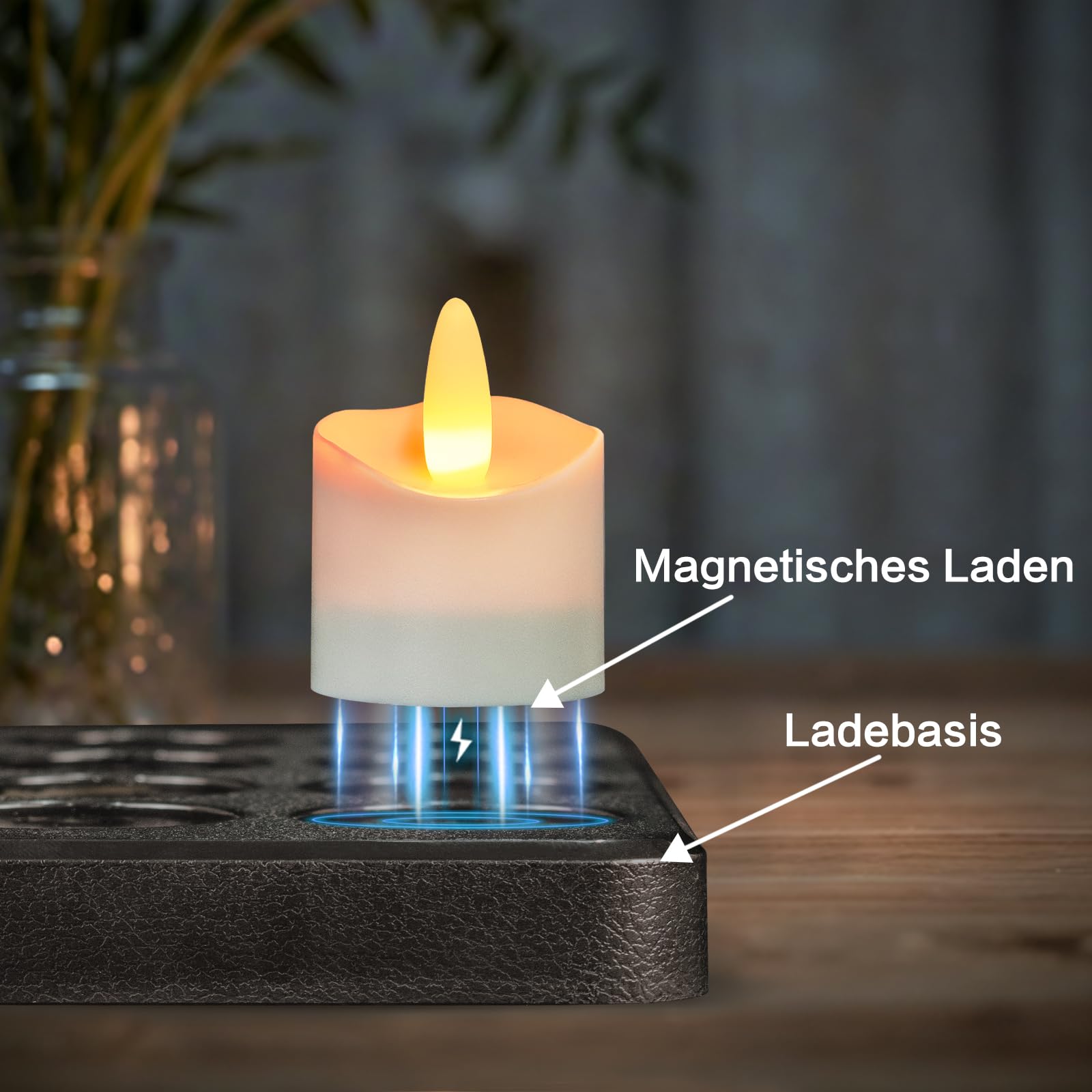 HL LED wiederaufladbare teelichter, 100 Stunden wiederaufladbar Kerzen mit Ladestation und Fernbedienung,Wasserdichte Flammenlose Akku Kerze für Heimdekoration,12 Stück,Bernstein