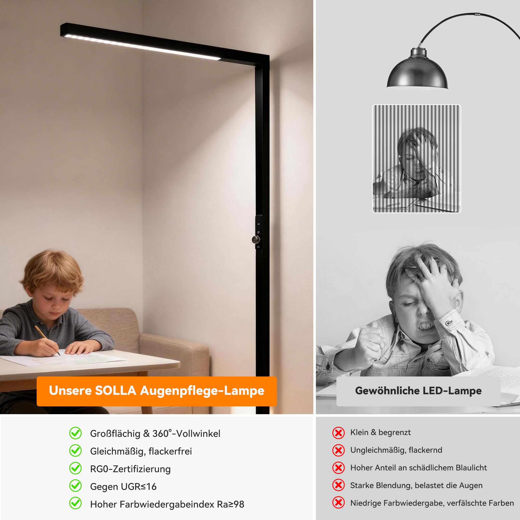 SOLLA LED Augenpflege Einstellbarer Kopf Stehlampe Büro Tageslicht Upgrade, Bürolampe Stehlampe Uplight und Downlight, 15W+30W UGR≤16, Geeignet für Büros, Bibliotheken,Konferenzräume-Schwarz