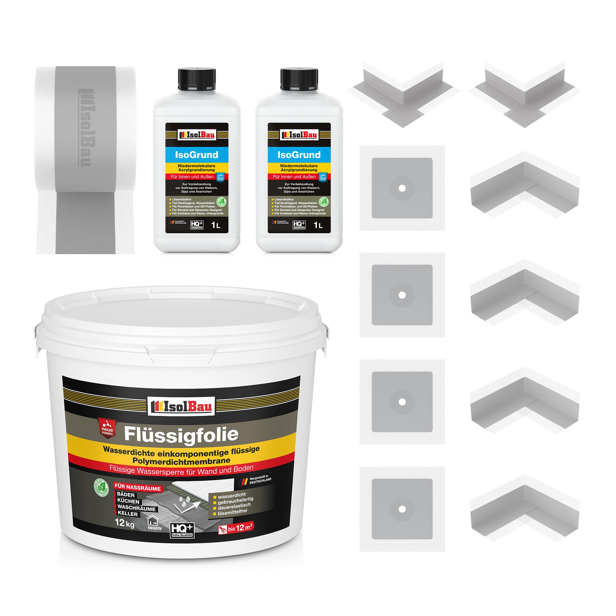 Isolbau Dicht-Set - Inkl. 1x Flüssigfolie (12 kg), 2x Grundierlösung (je 1 L), 1x Dichtband (20 m), 4x Innenecken, 2x Außenecken & 4x Manschetten