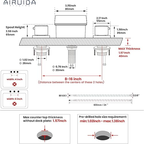Miniatura 6 de Airuida Grifo de lavabo de baño generalizado en cascada, grifo de baño de 8 pulgadas, pulido cromado con drenaje emergente, 2 manijas y 3 agujeros,