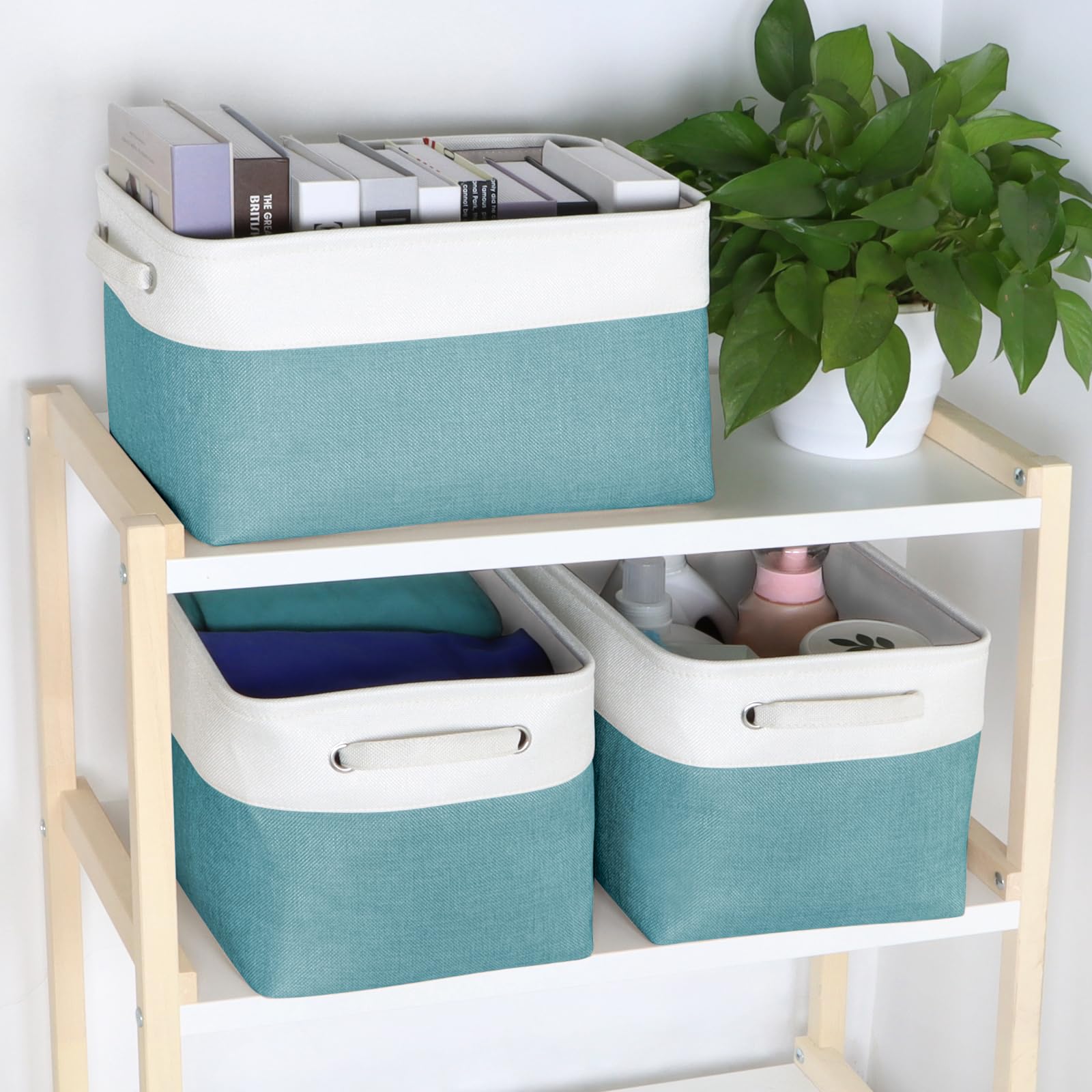 Faltbarer Aufbewahrungskorb aus Stoff, Würfel mit robusten Griffen, Schrank-Organizer, Behälter für die Organisation von Regalen, Schubladen, 3 Stück, 38,1 x 25,4 x 24,1 cm, Blaugrün