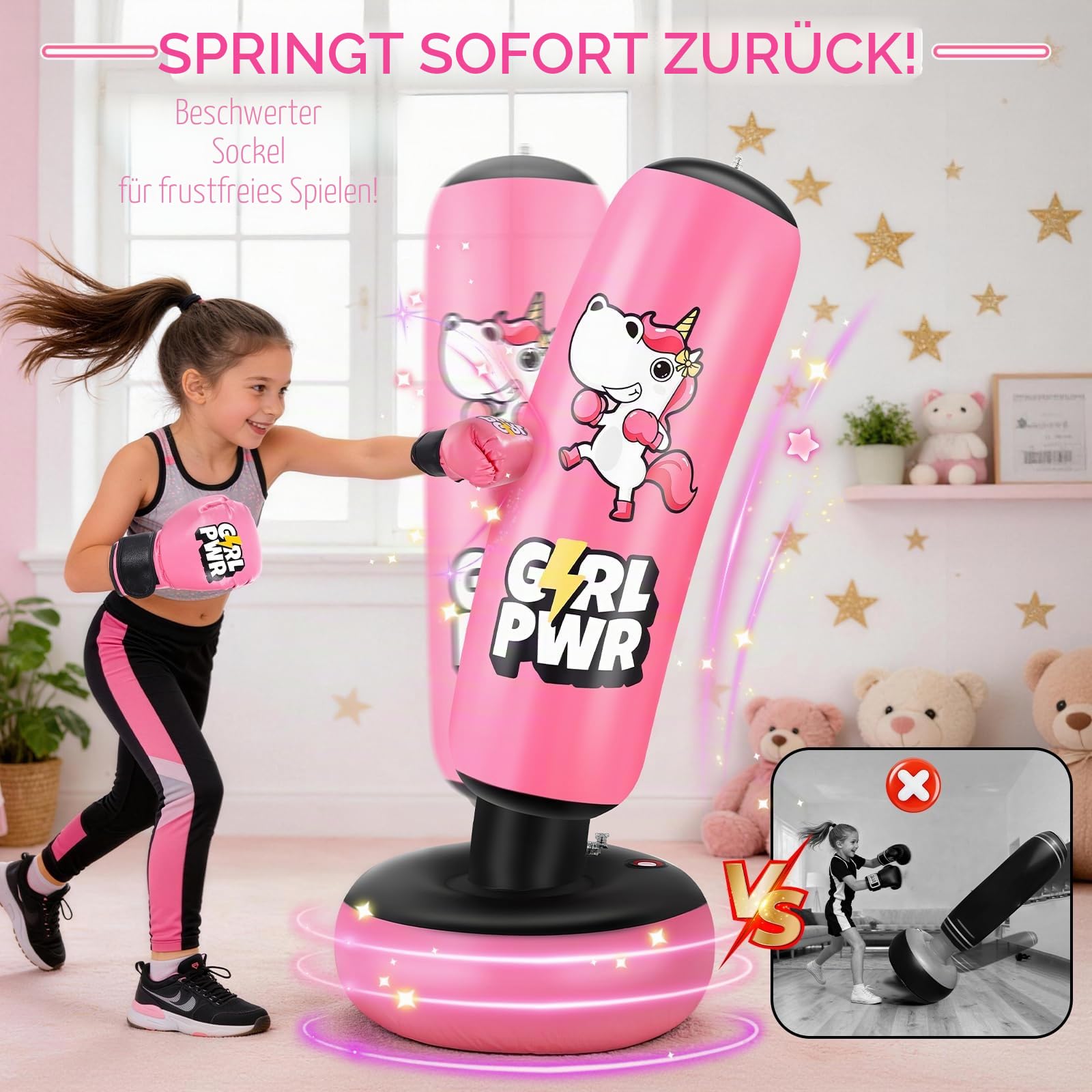 Aufblasbarer Boxsack, 168 cm (66 Zoll) aufblasbarer Boxsack für Kinder mit Boxhandschuhen für Mädchen von 3–12 Jahren, stabiles Boxset zum Üben von Karate, Taekwondo, Einhornspielzeug und Geschenken