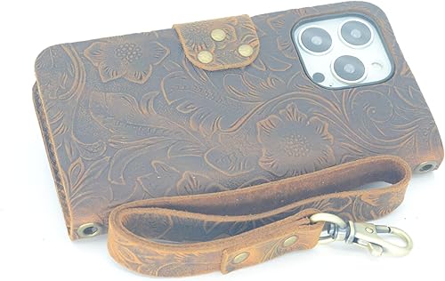 JJNUSA Funda tipo cartera compatible con iPhone 13 Pro Max hecha a mano de piel auténtica envejecida con correa para la muñeca, color marrón