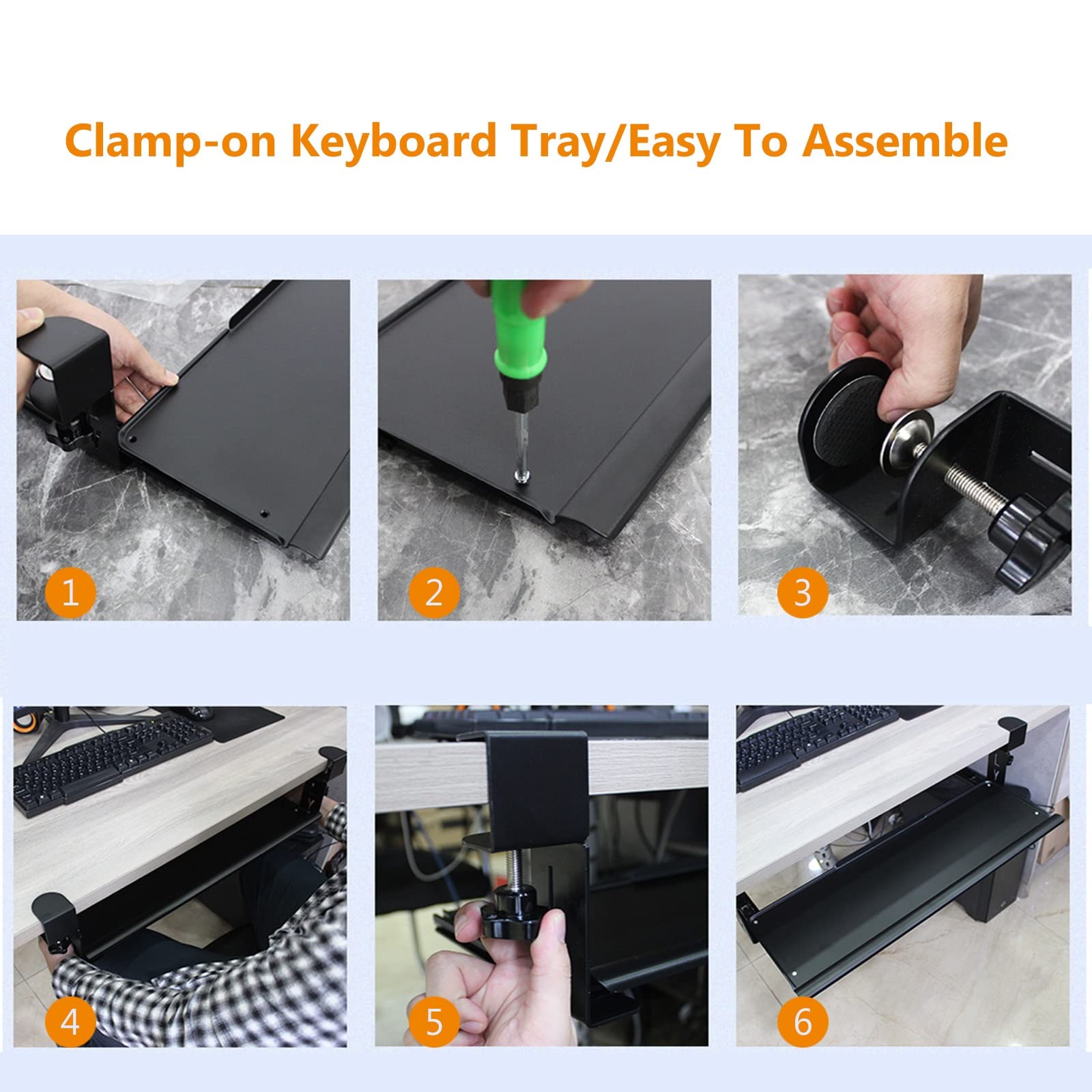 Bandeja para teclado debajo del escritorio, estante deslizante ajustable en blanco y negro, diseño de abrazadera para oficina en casa, reposamuñecas ergonómico para mayor comodidad