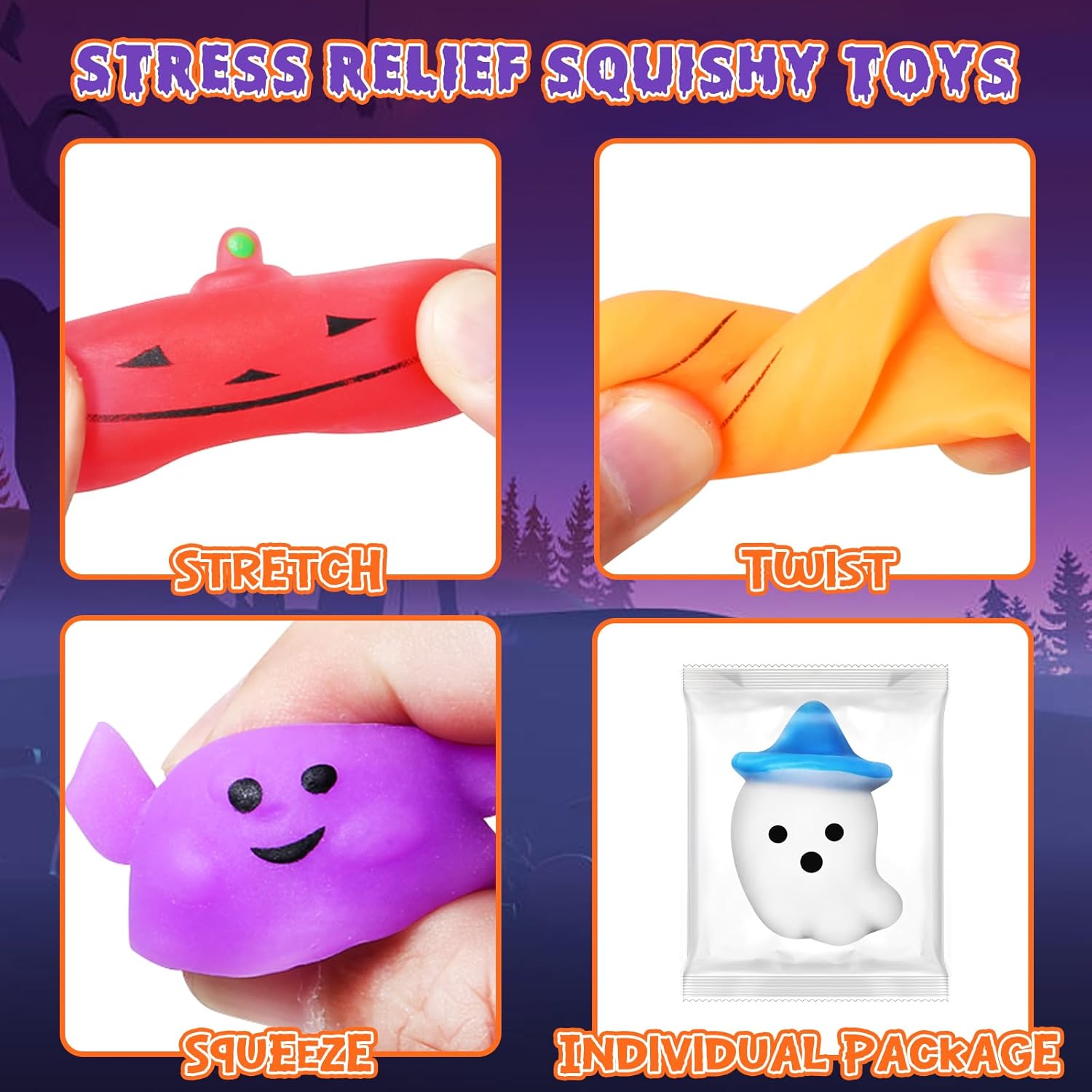100 PCS Halloween Squishy Toys for Kids Party Favor Halloween Trick or Treat Toys Bulk,Soft Squishy Toys for Kids Boys Girls Gifts Classroom Rewards,Goodie Bags Fillers