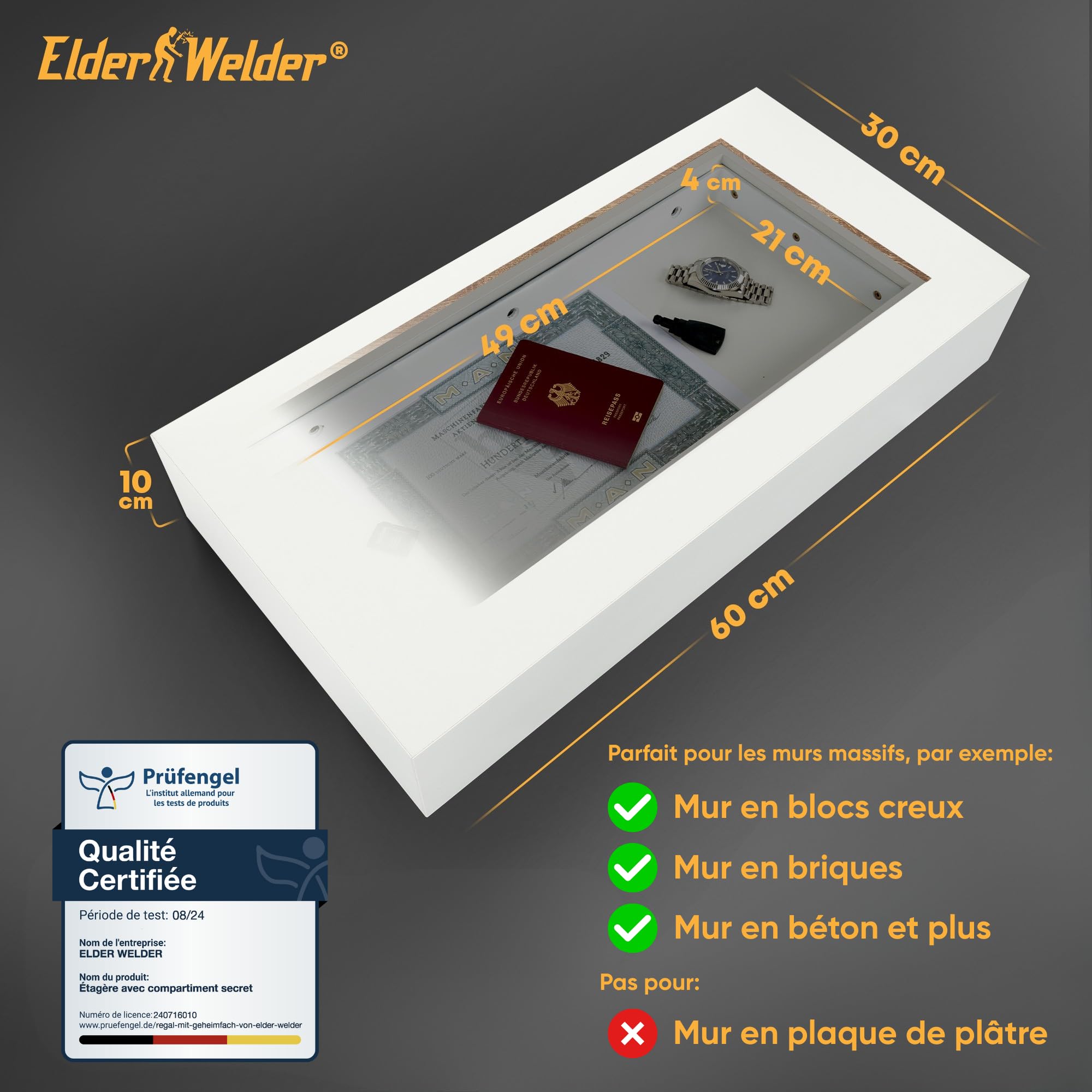 Elder Welder® Étagère Secrète avec Compartiment Secret, Serrure RFID | Blanche, 30cm x 60cm, Coffre Fort Secret, Étagère Murale avec Cachette Secrète à Clé, Étagère Murale Tiroir