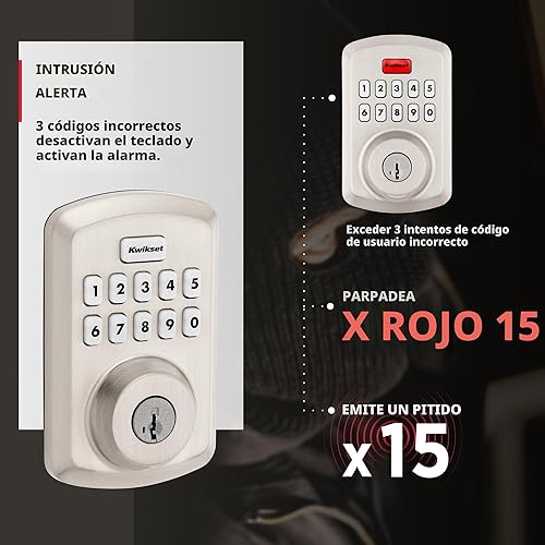Miniatura 6 de Kwikset Powerbolt 250 - Cerradura electrónica de transición con teclado de 10 botones de níquel satinado, con cómoda entrada sin llave, códigos de