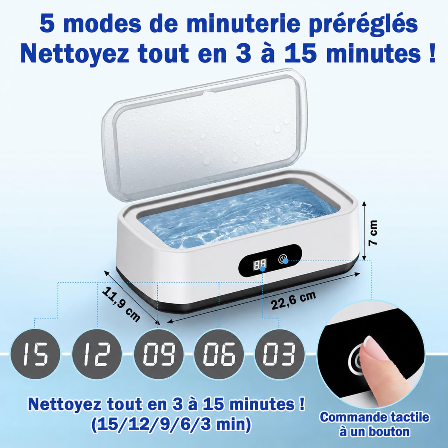 Nettoyeur ultrasons 650 ml pour lunettes, bijoux, gouttières | Nettoyage puissant à 49 kHz,5 minuteries,650 ml,inox 304 pour lunettes,bijoux et gouttières