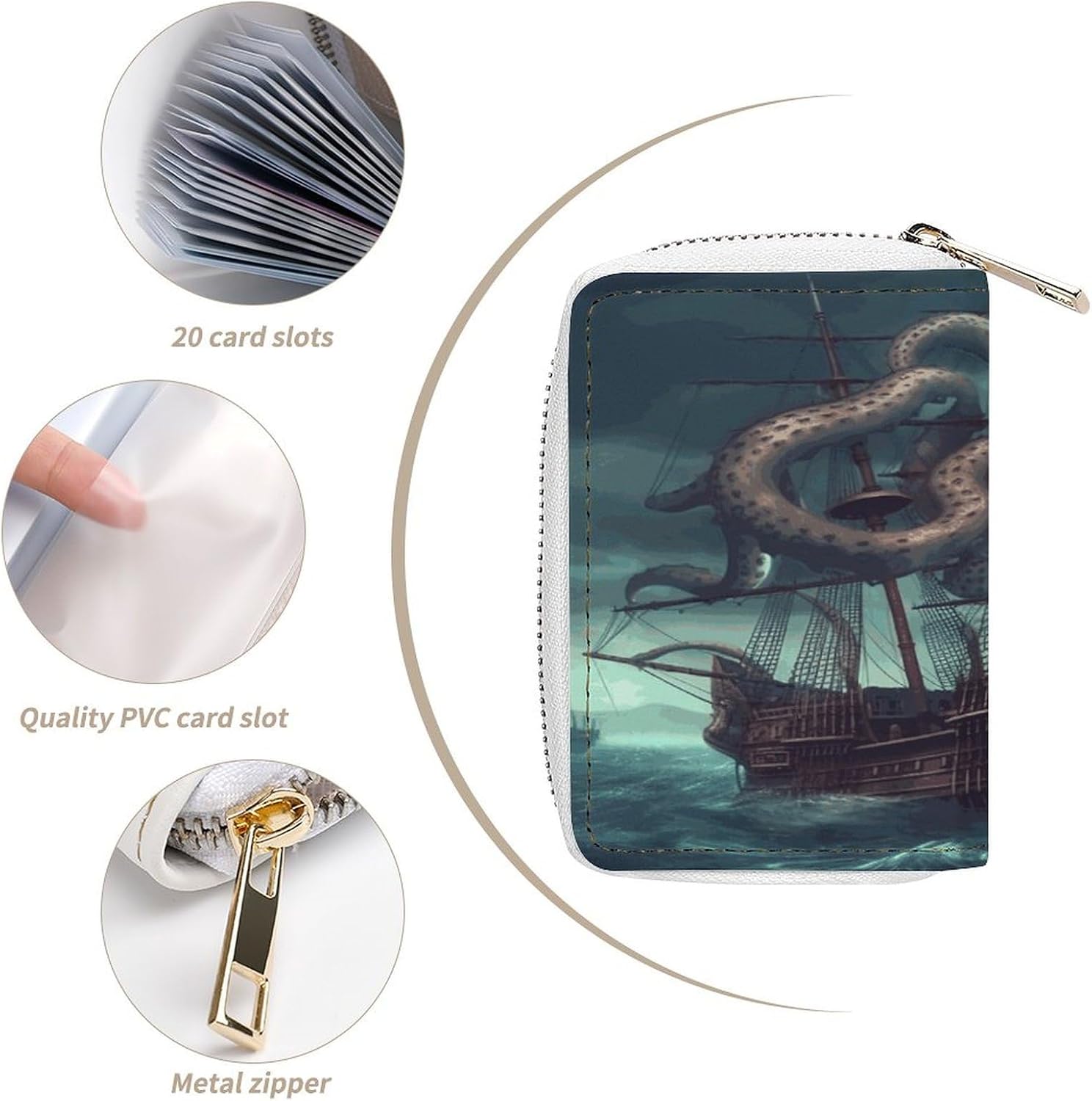 Leather Card Organizer Case Card Wallet Credit Card Holder Octopus Ship Printed Zipper Card Cases Holder for Women Men