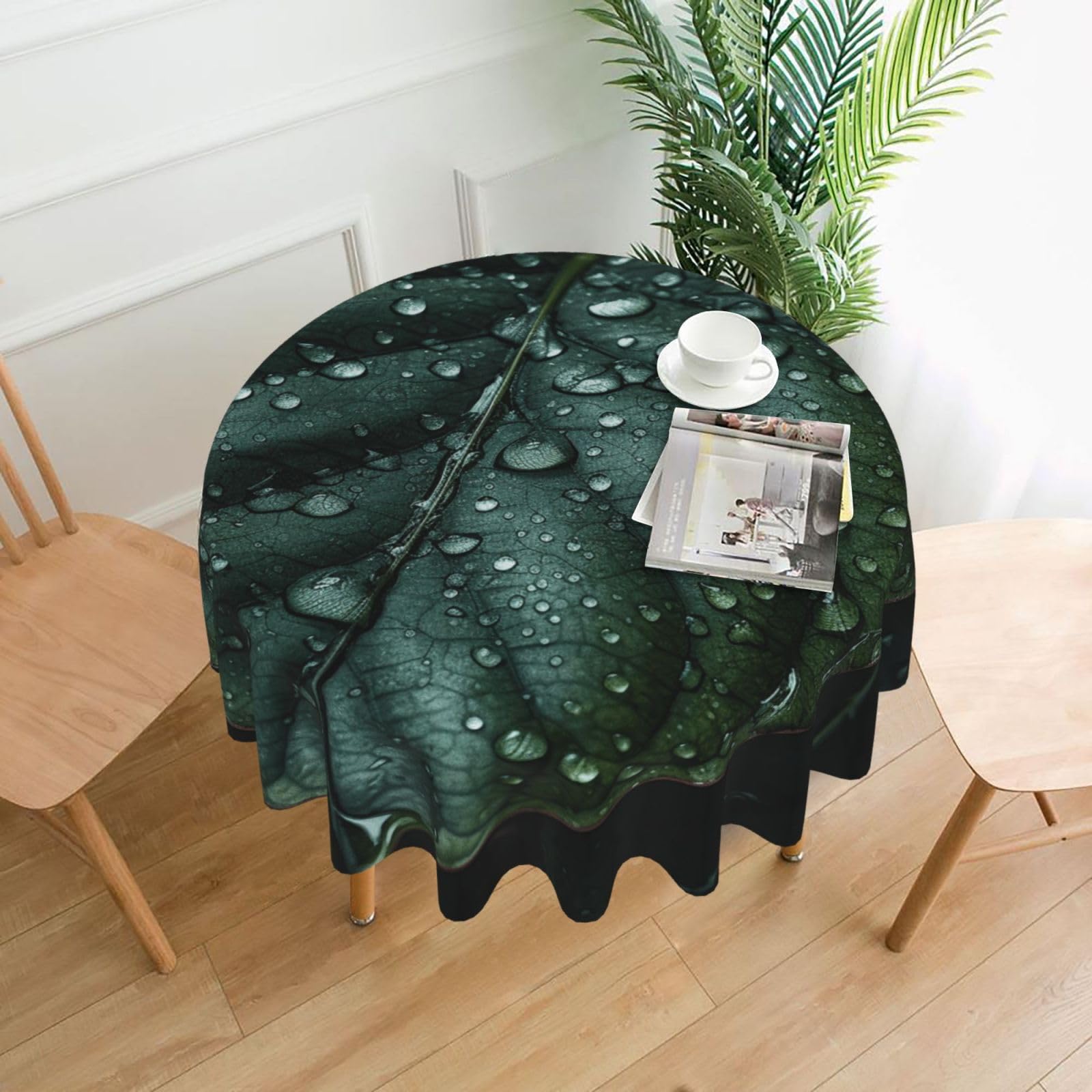 QMKFWT Raindrops On Leaves Printed Round Tablecloth,Dust-Proof Wrinkle Resistant Table Cover Washable Polyester Table Cloth for Kitchen Dining Room Farmhouse Picnic Indoor Outdoor(Round 60 Inch)