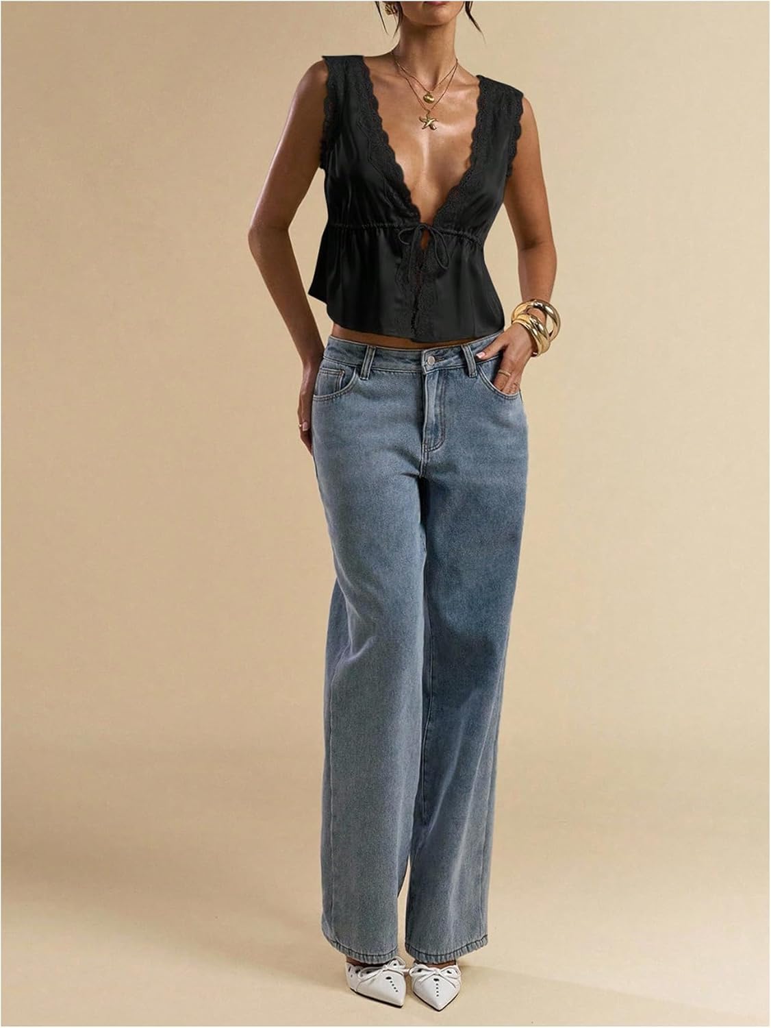 Women's Tie Front Deep V Neck Peplum Tops Lace Trim Sleeveless Satin Crop Tank Top - Image 5