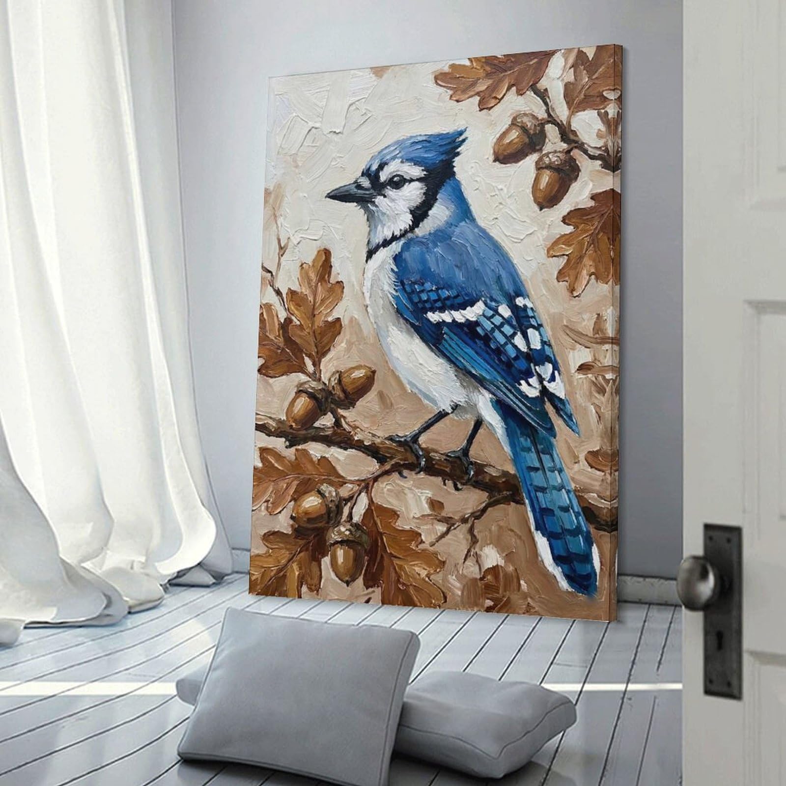 Junmoney Blue Jay on Oak Branch with Acorns Hanging Wall Art 20x30inch(50x75cm), for Study, Office Or Focused Interiors, Wall Art That Adds Style to Work Areas