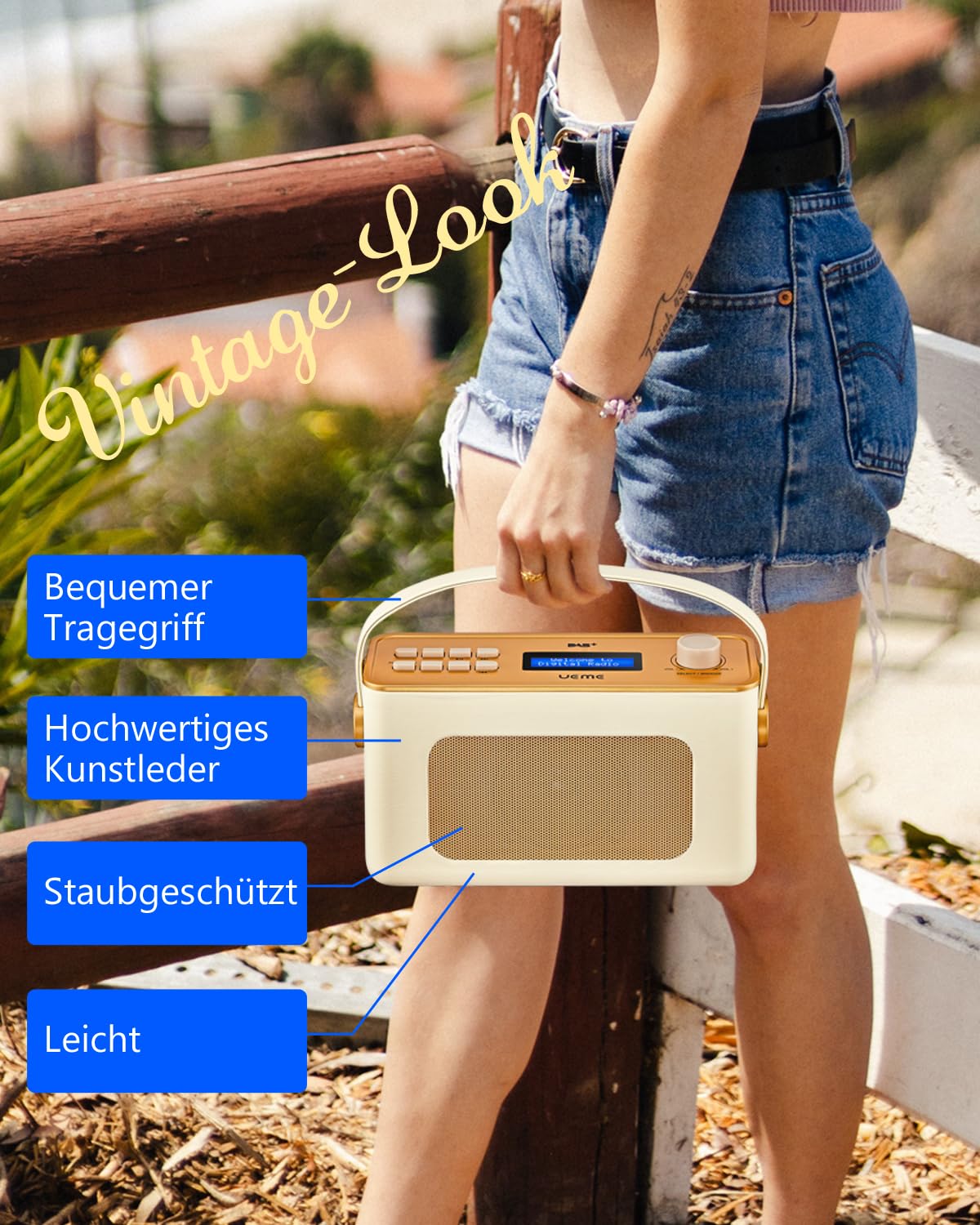 Tragbarer Retro Design DAB Plus/FM Radio, Bluetooth Lautsprecher DAB + Radio mit Wiederaufladbarer Lithium-Akku, Radiowecker, Starkem Empfang, Inklusive DC Netzkabel(Crème)