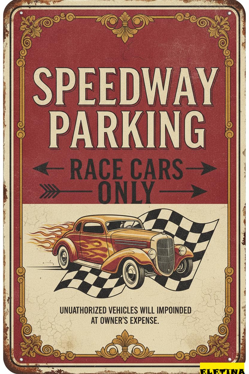 Personalized Sign for Man Cave Vintage Retro Checkered Metal Tin Wall Decor, Race Car 8x12 Inch Wall Art Basement Garage Warehouse Gifts Private Property Decorative
