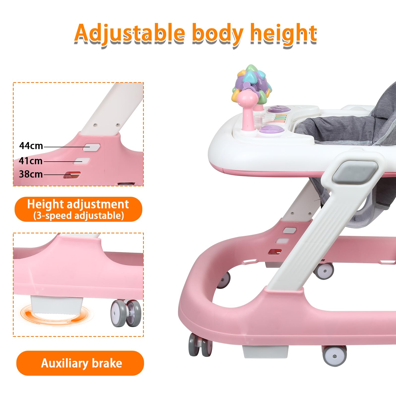 OHMG Girello per bambini 4 in 1 con vassoio per attività musicali rimovibili, girello per bambini facilmente pieghevole, da 6 a 18 mesi, fino a 12 kg, regolabile in altezza con ruote silenziose