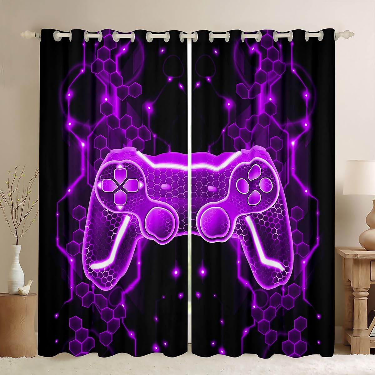 Kids Gamer Curtains for Bedroom Game Controller Darkening Drapes W46*L72 Boys Honeycomb Gaming Gifts 30%-50% Blackout Curtains Gamepad Pattern Purple Window Treatments — image 1