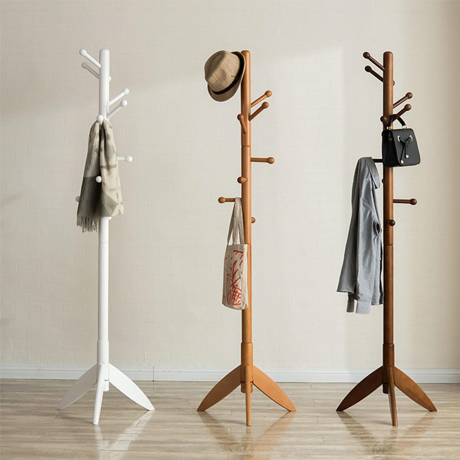 Stabiler Garderobenständer aus Holz Freistehender Garderobenständer mit 10 Haken, Garderobenständer für Den Flureingang, Hutständer für Kleidung,Walnut Color