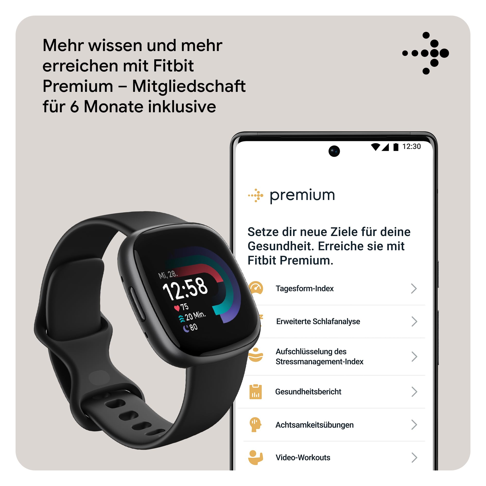 Google Fitbit Versa 4 Smartwatch Fitness-Tracker GPS Telefonfunktion 6 Tage Akkulaufzeit 40+ Trainingsmodi kompatibel Android iOS
