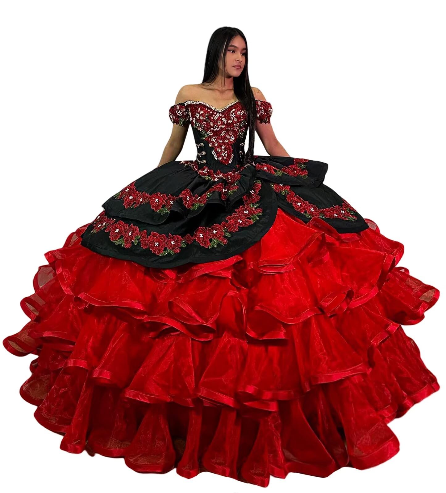 XYAYE Off Shoulder Ruffles Mexican Quinceanera Dresses Tiered Organza Ball Gown Embroidery 3D Flowers Sweet 16 Dresses