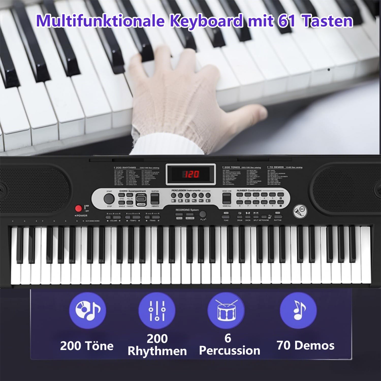 Keyboard Piano 61 Tasten für Kinder Anfänger, Digital Piano Set mit Ständer Sitzbank Kopfhörer Mikrofon Notenablage, Schwarz