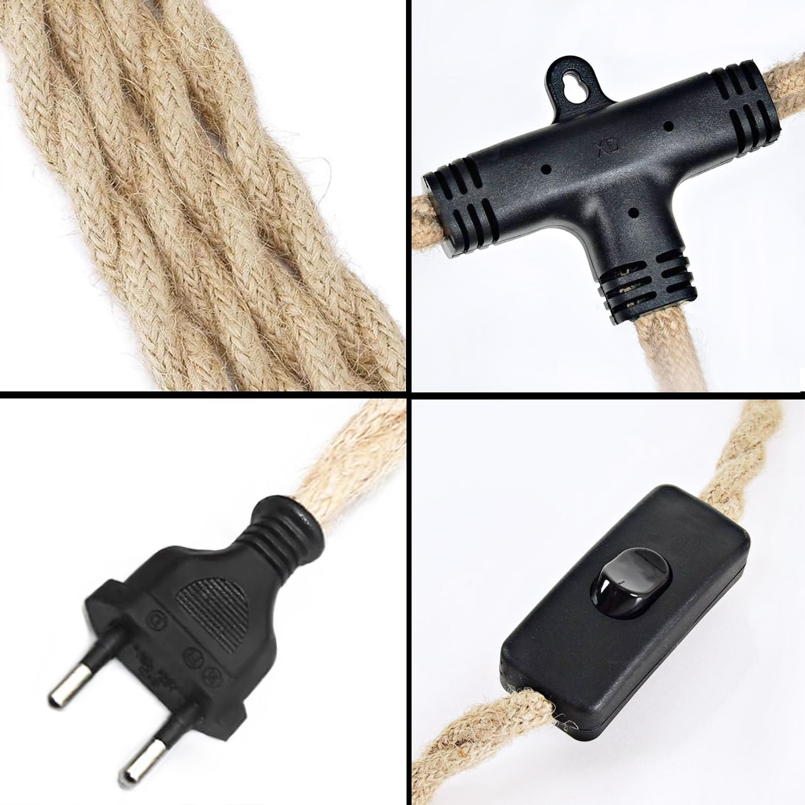 Hanfseil Pendelleuchte mit Stecker 2 Flammig E27 Fassung mit 6M Textilkabel Pendellampe Kit mit Schalten und Eu Stecken Vintage Seil Lampe DIY Hängeleuchte für Esszimmer Schlafzimmer