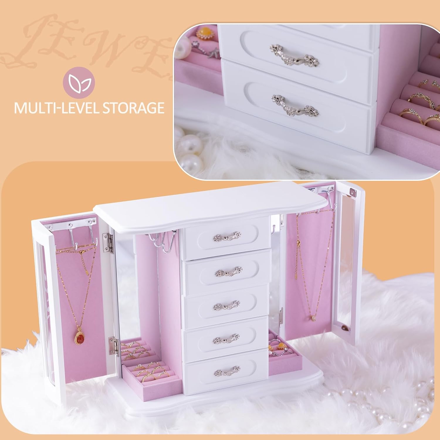 Jewelry Boxes For Women,Handle Caebing Craft Wooden Jewelry Box,With 12Hooks And Velvet Lining White Jewelry Boxes,Suitable As Gift For Friends - Image 2