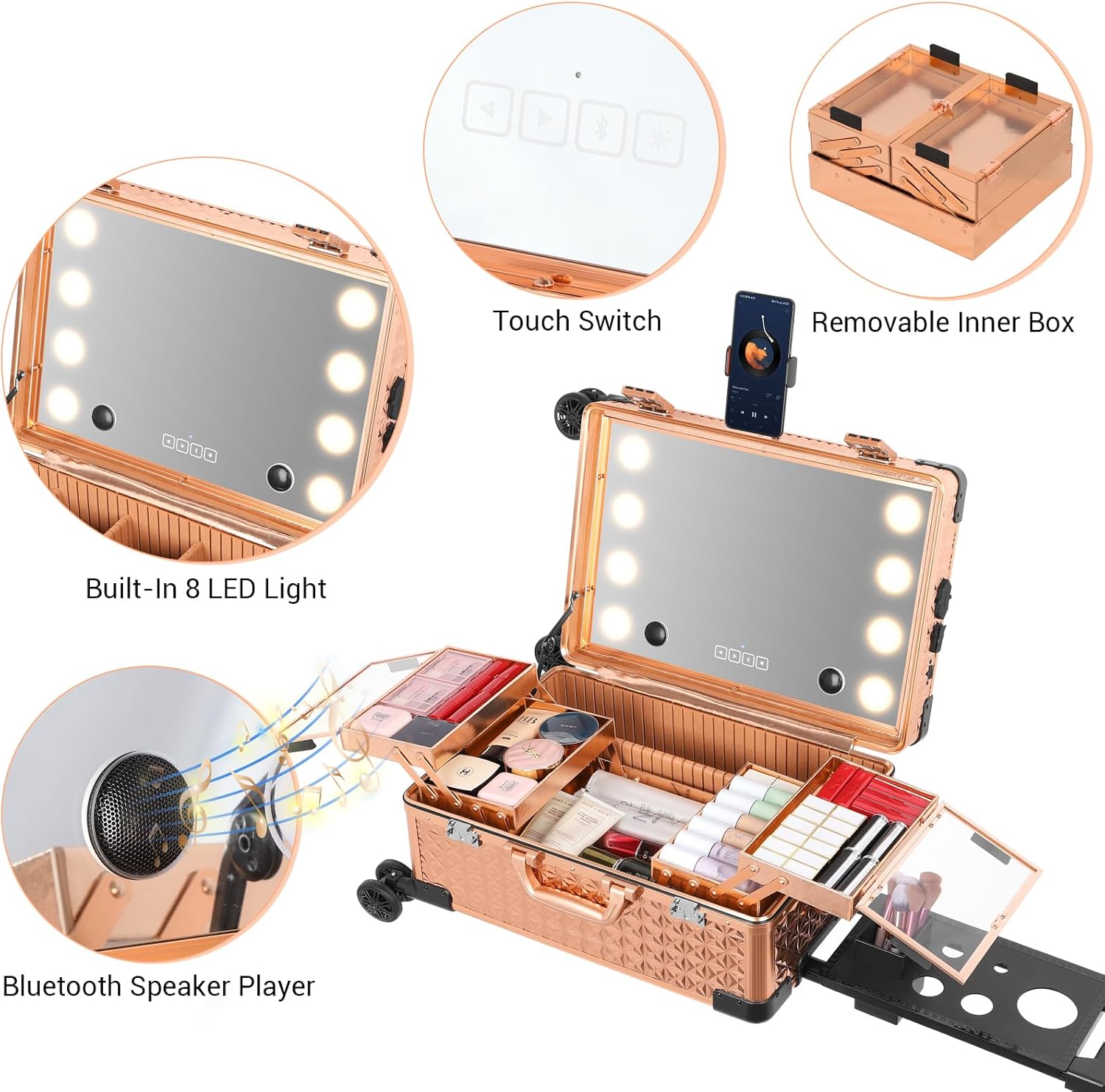 Rolling Makeup Train Case with Lighted Mirror and Bluetooth Speaker Professional Cosmetic Organizer Case with Wheels, Stands Portable Makup Station Vanity for Travel (Rose gold, Small)