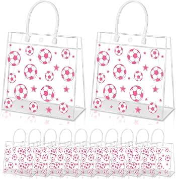 HYMENEX 24Pcs Pink Soccer Gift Bags, Pink Soccer Goodie Bags with Handles Clear PVC Sport Theme Party Bag for Team Competition Game Day Birthday Treat Snack Gifts 8 x 8 x 3.15 Inch