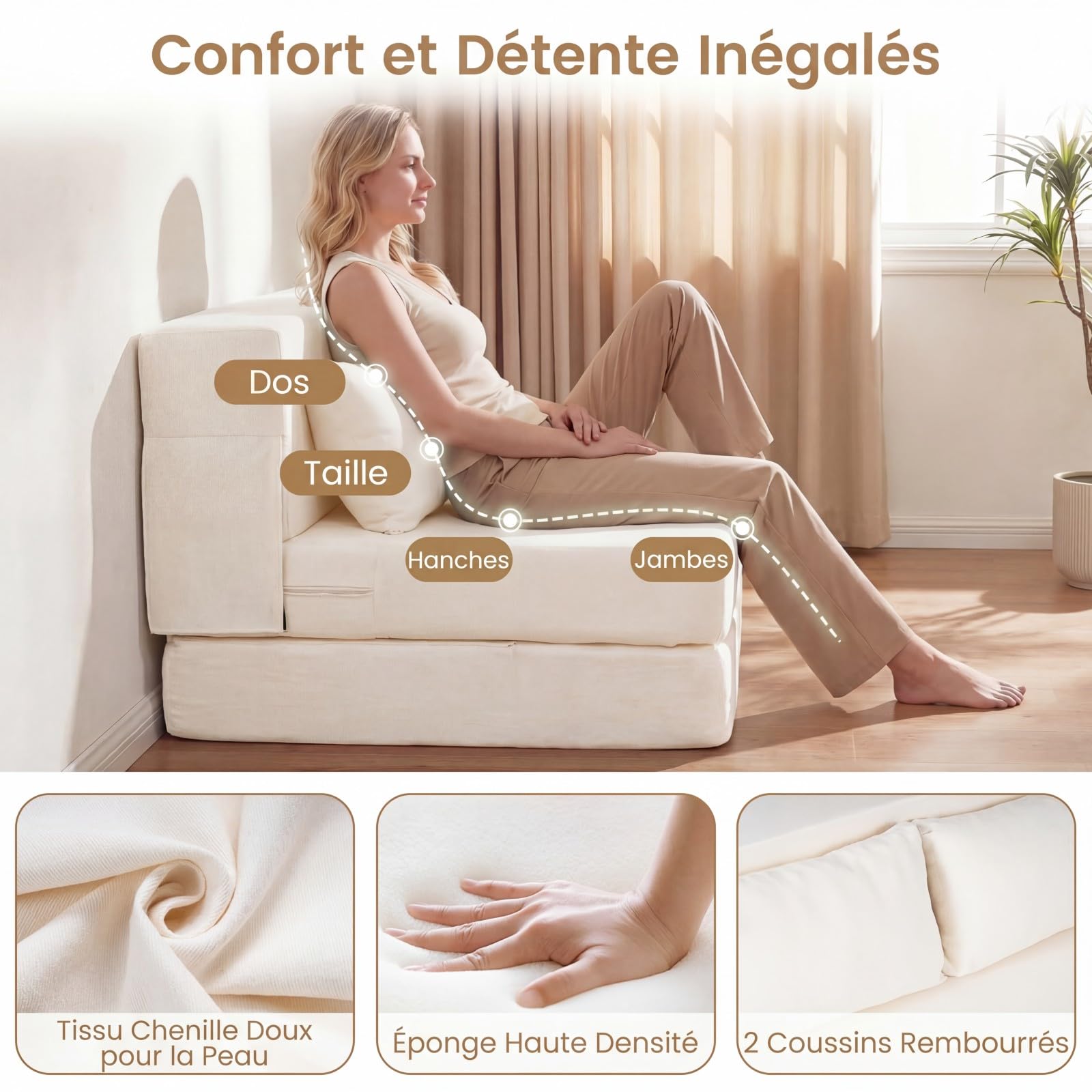 COSTWAY 3 en 1 Canapé Convertible 2 Places Pliant (Beige)